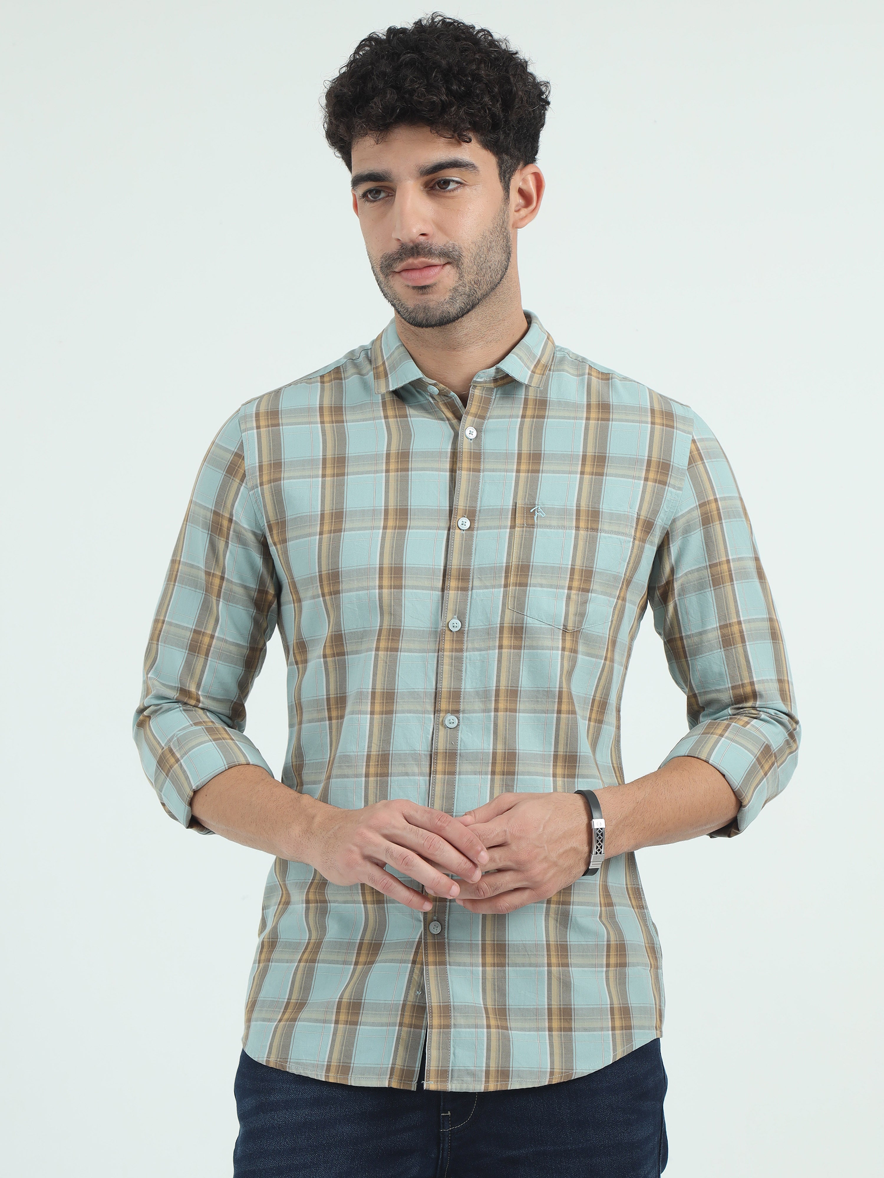 CP BRO Men's Polo Neck Cotton Green Slim Fit Checked Shirt | SBO2-47A-FS-CHK-BSL
