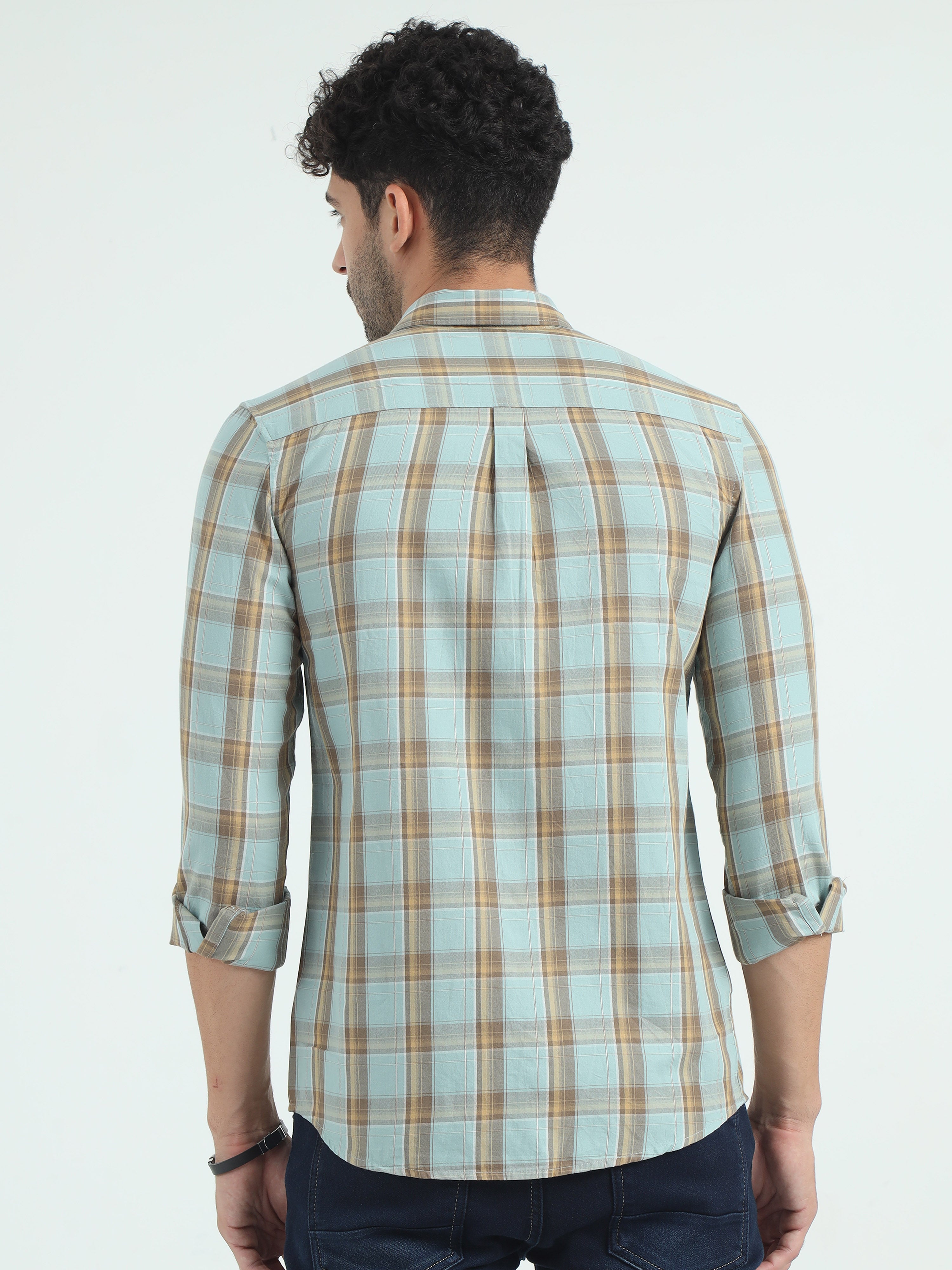 CP BRO Men's Polo Neck Cotton Green Slim Fit Checked Shirt | SBO2-47A-FS-CHK-BSL