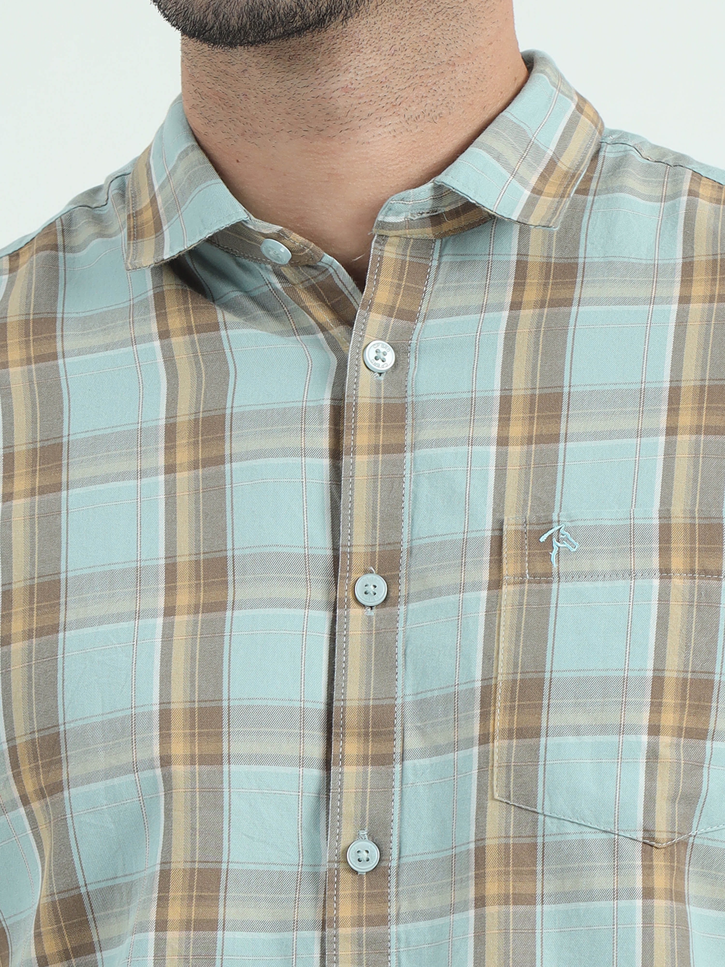 CP BRO Men's Polo Neck Cotton Green Slim Fit Checked Shirt | SBO2-47A-FS-CHK-BSL