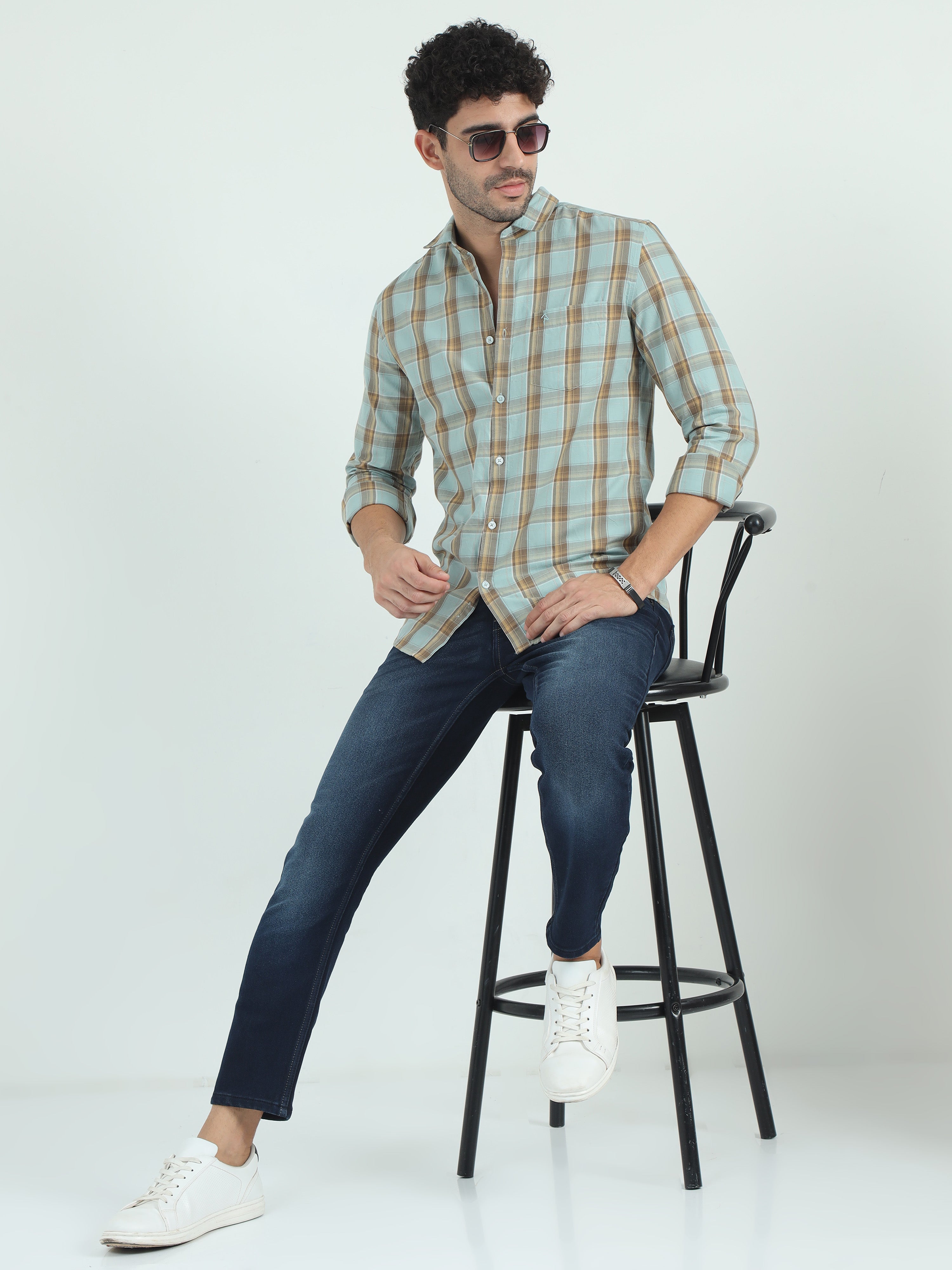 CP BRO Men's Polo Neck Cotton Green Slim Fit Checked Shirt | SBO2-47A-FS-CHK-BSL