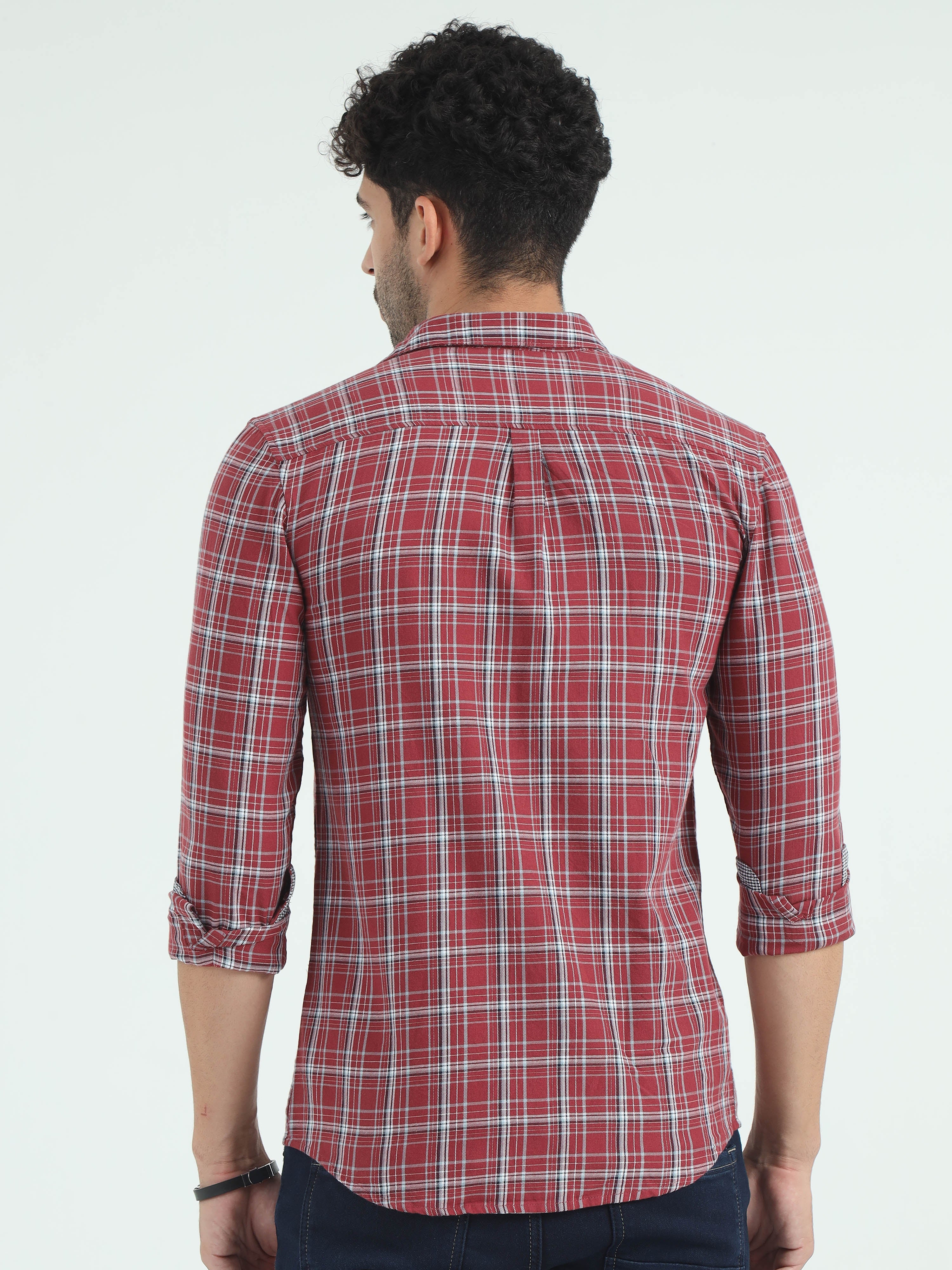 CP BRO Men's Polo Neck Cotton Maroon Slim Fit Checked Shirt | SBO2-05B-FS-CHK-BSL