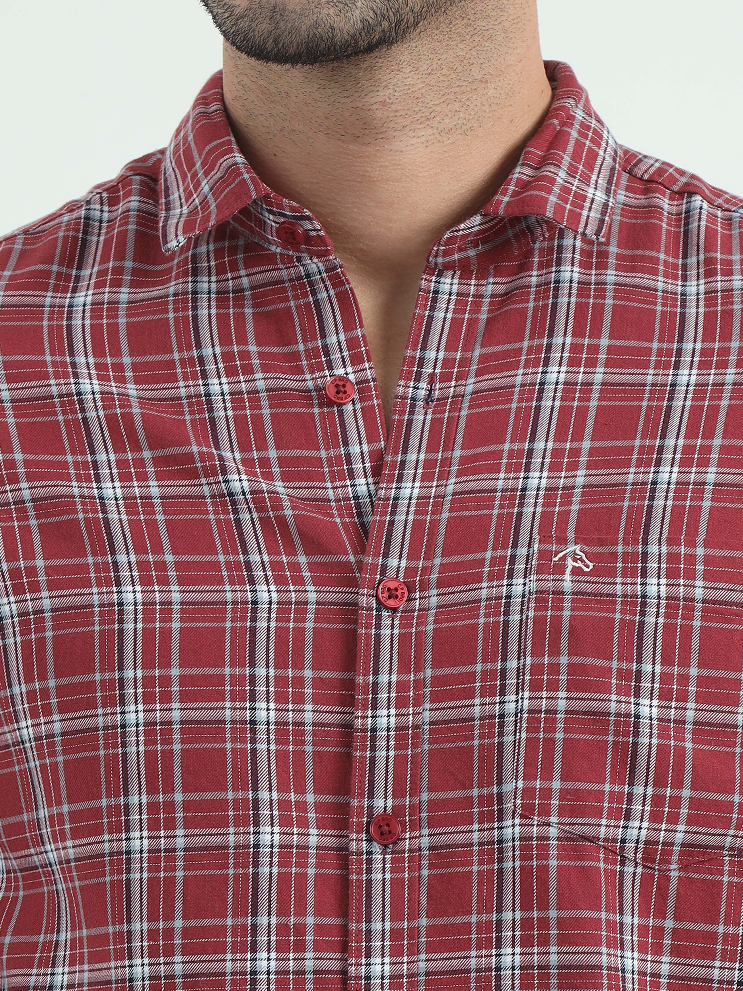 CP BRO Men's Polo Neck Cotton Maroon Slim Fit Checked Shirt | SBO2-05B-FS-CHK-BSL