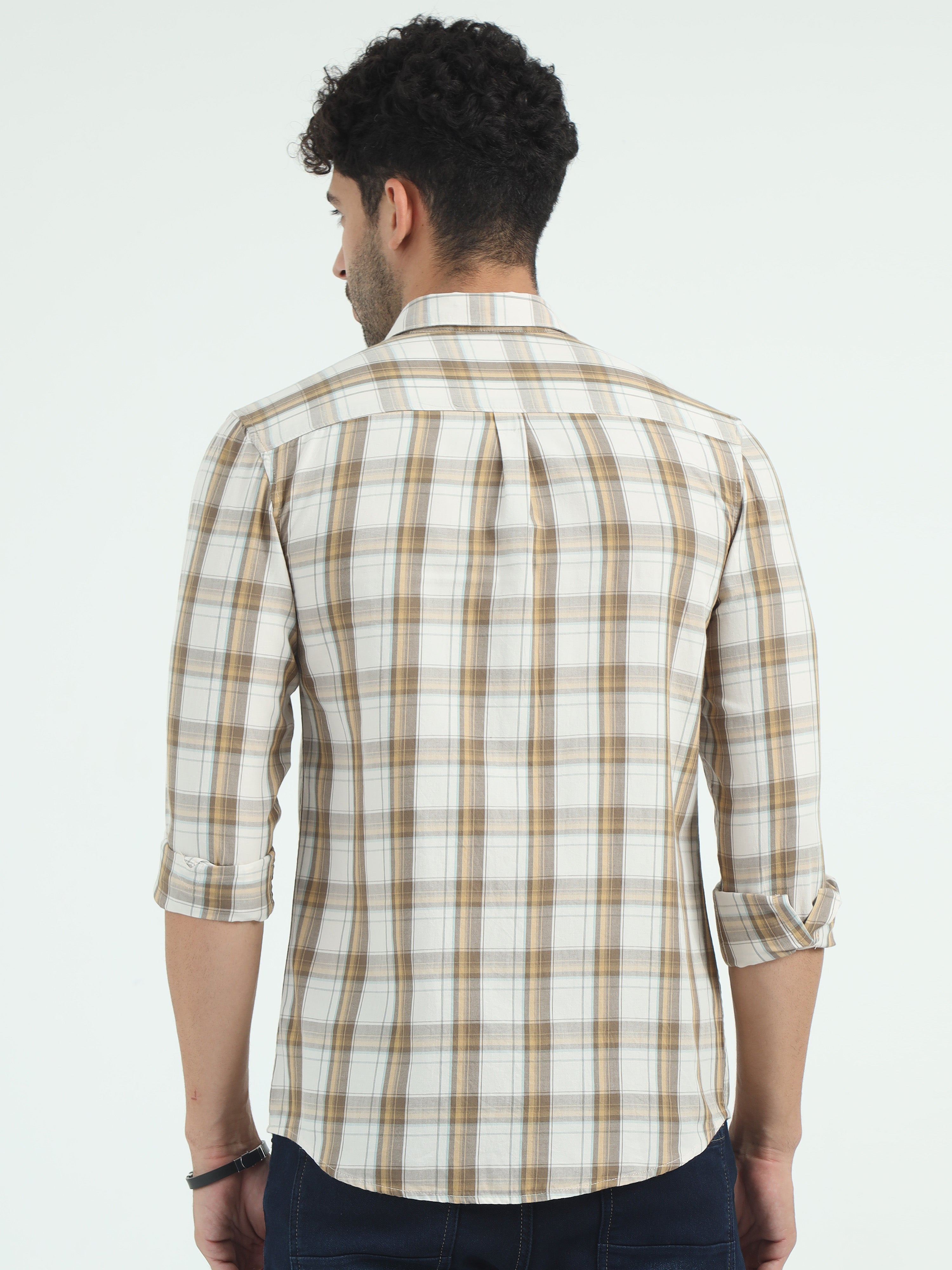 CP BRO Men's Polo Neck Cotton White/Mustard Slim Fit Checked Shirt | SBO2-47B-FS-CHK-BSL