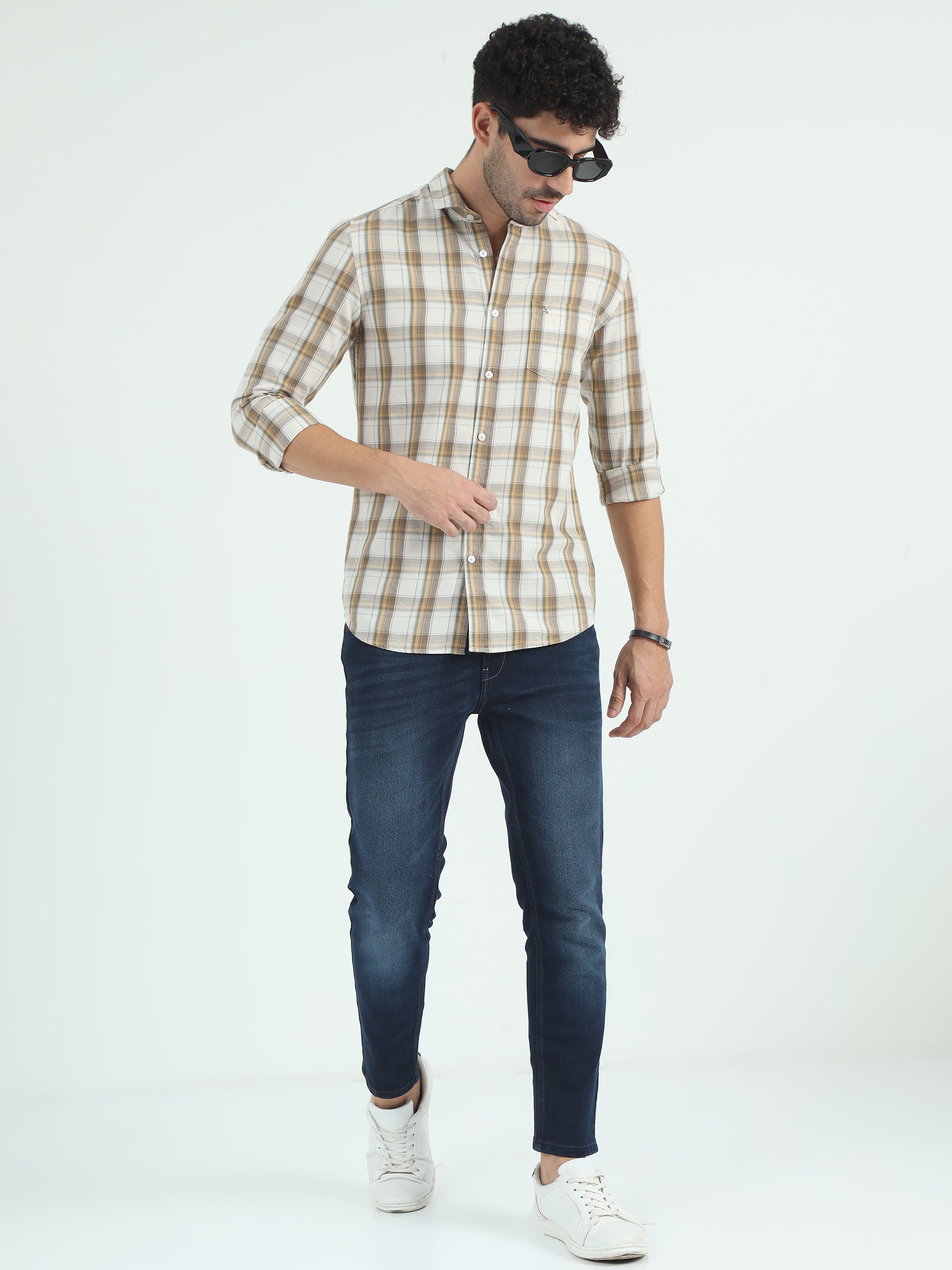 CP BRO Men's Polo Neck Cotton White/Mustard Slim Fit Checked Shirt | SBO2-47B-FS-CHK-BSL