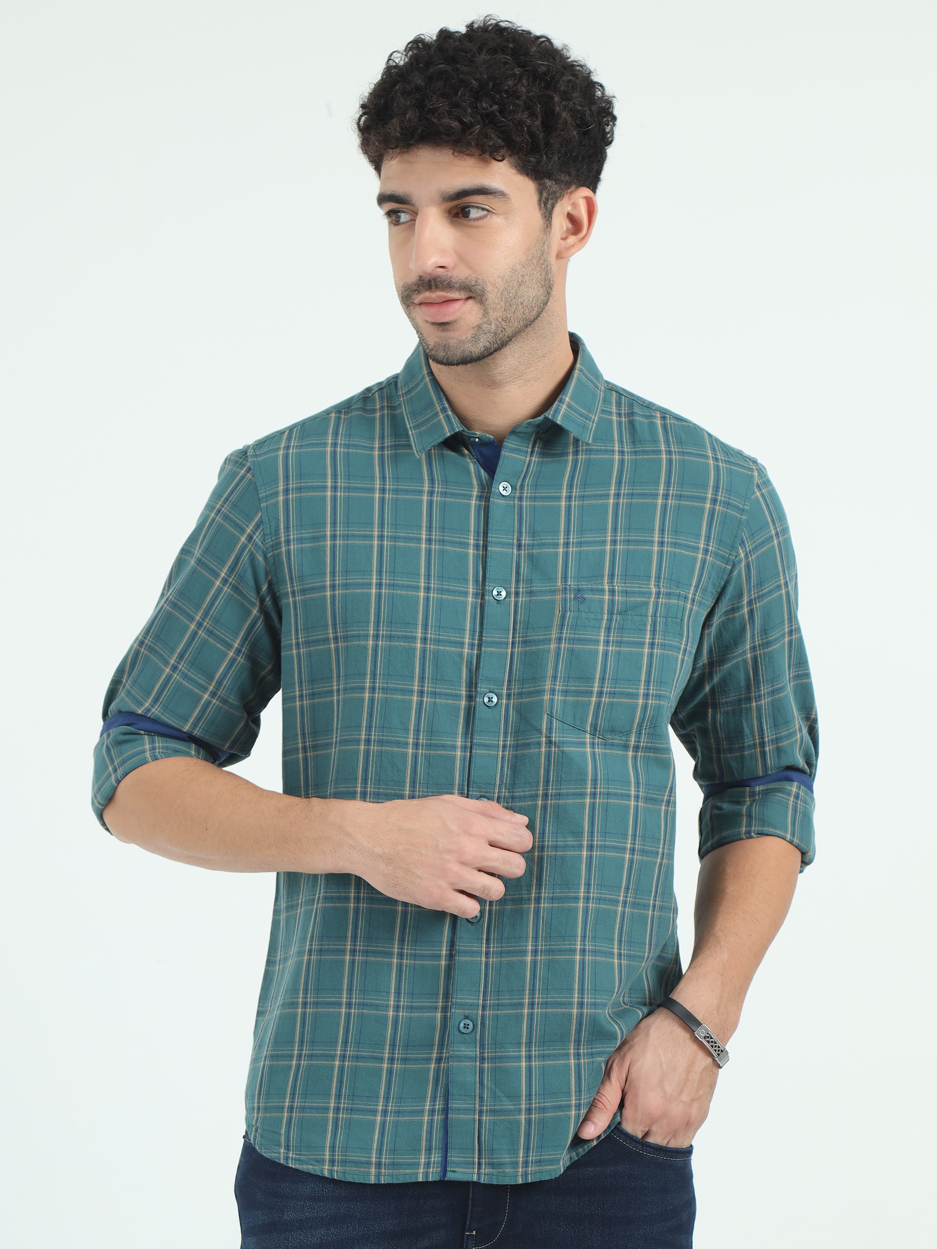 Classic Polo Men's Polo Neck Cotton Green Slim Fit Checked Shirt | SO2-05 B-FS-CHK-SF