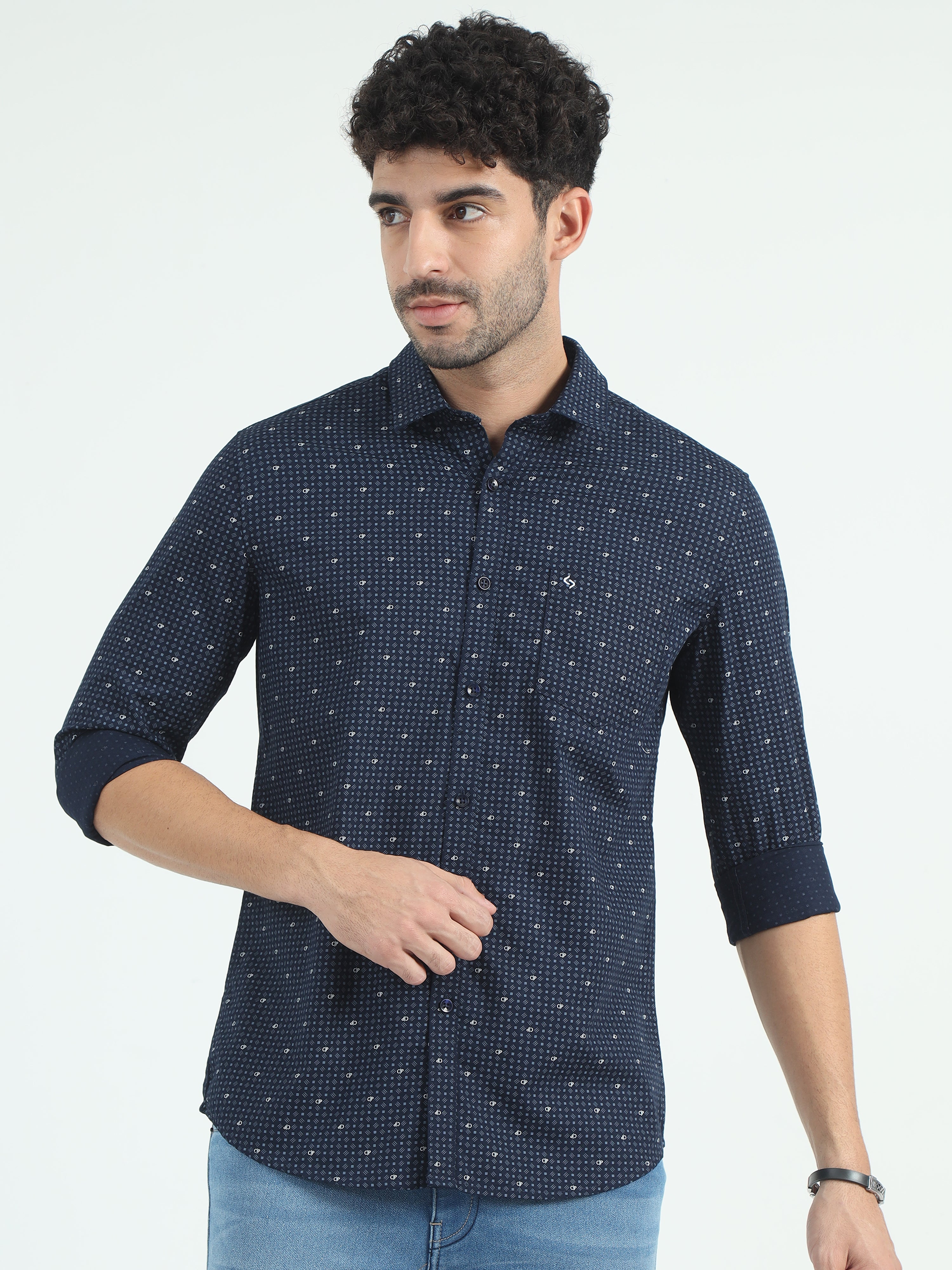 Classic Polo Men's Polo Neck Cotton Navy Blue Slim Fit Printed Shirt | SO2-119 B-FS-PRT-SF