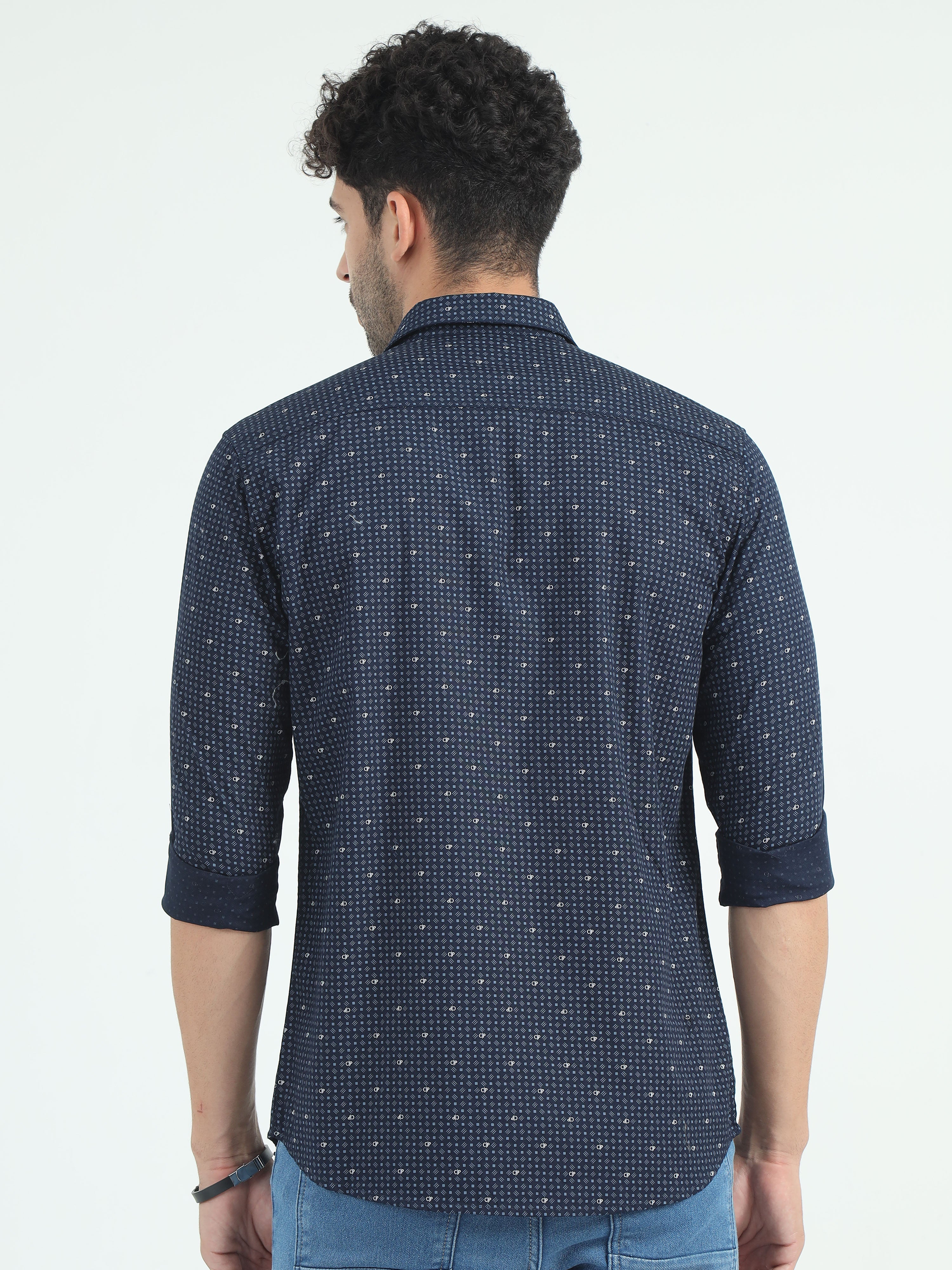 Classic Polo Men's Polo Neck Cotton Navy Blue Slim Fit Printed Shirt | SO2-119 B-FS-PRT-SF