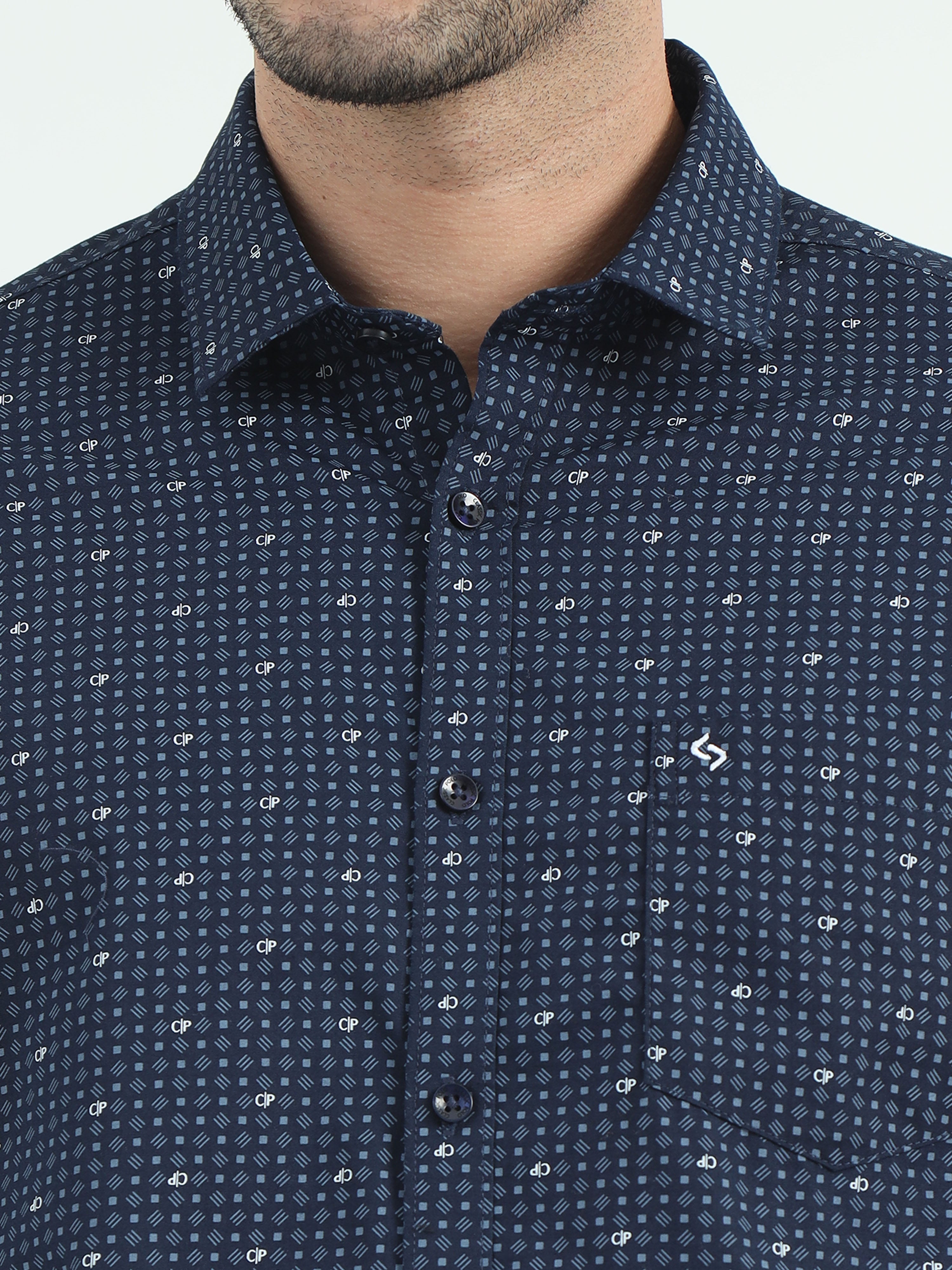 Classic Polo Men's Polo Neck Cotton Navy Blue Slim Fit Printed Shirt | SO2-119 B-FS-PRT-SF