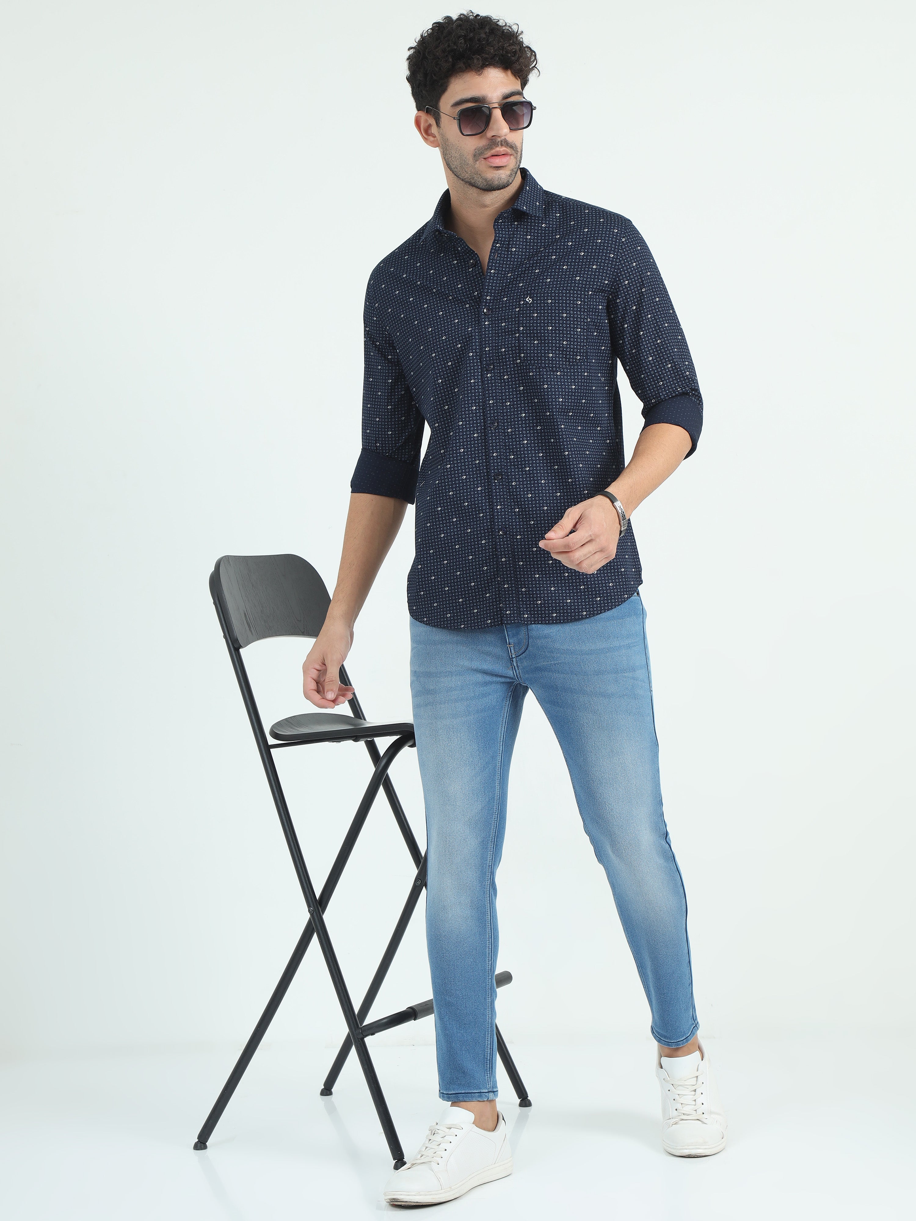 Classic Polo Men's Polo Neck Cotton Navy Blue Slim Fit Printed Shirt | SO2-119 B-FS-PRT-SF