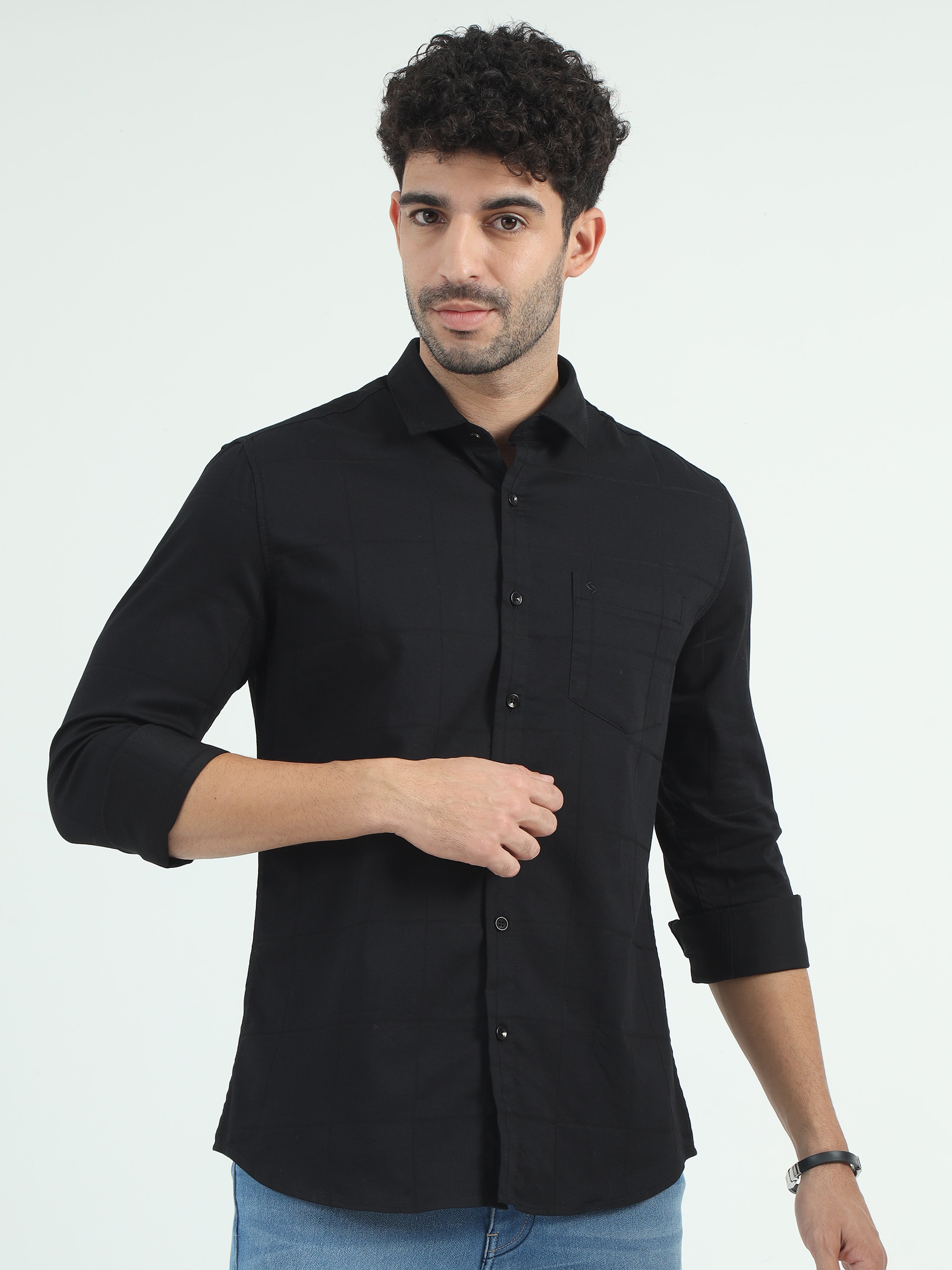 Classic Polo Men's Polo Neck Cotton Black Slim Fit Checked Shirt | SO2-108 B-FS-CHK-SF