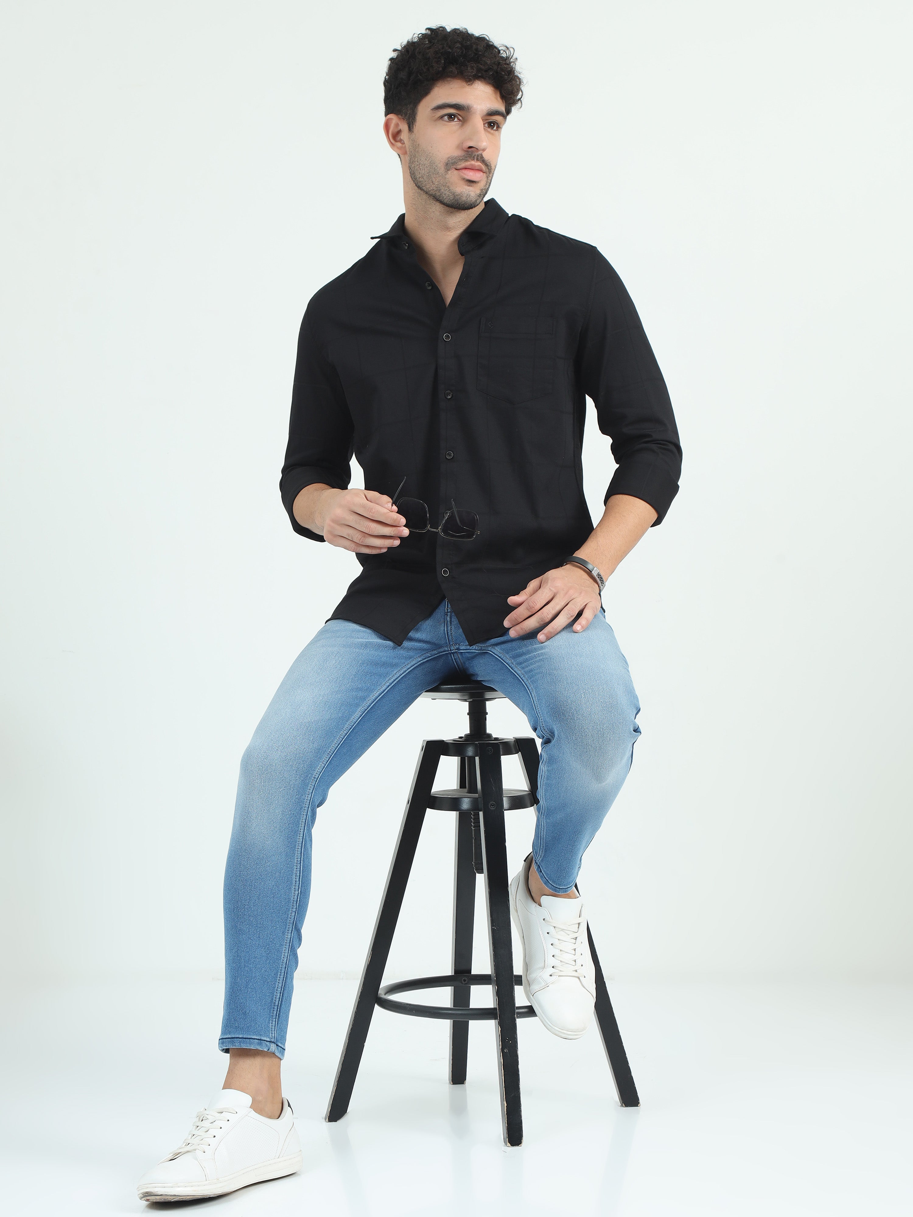 Classic Polo Men's Polo Neck Cotton Black Slim Fit Checked Shirt | SO2-108 B-FS-CHK-SF