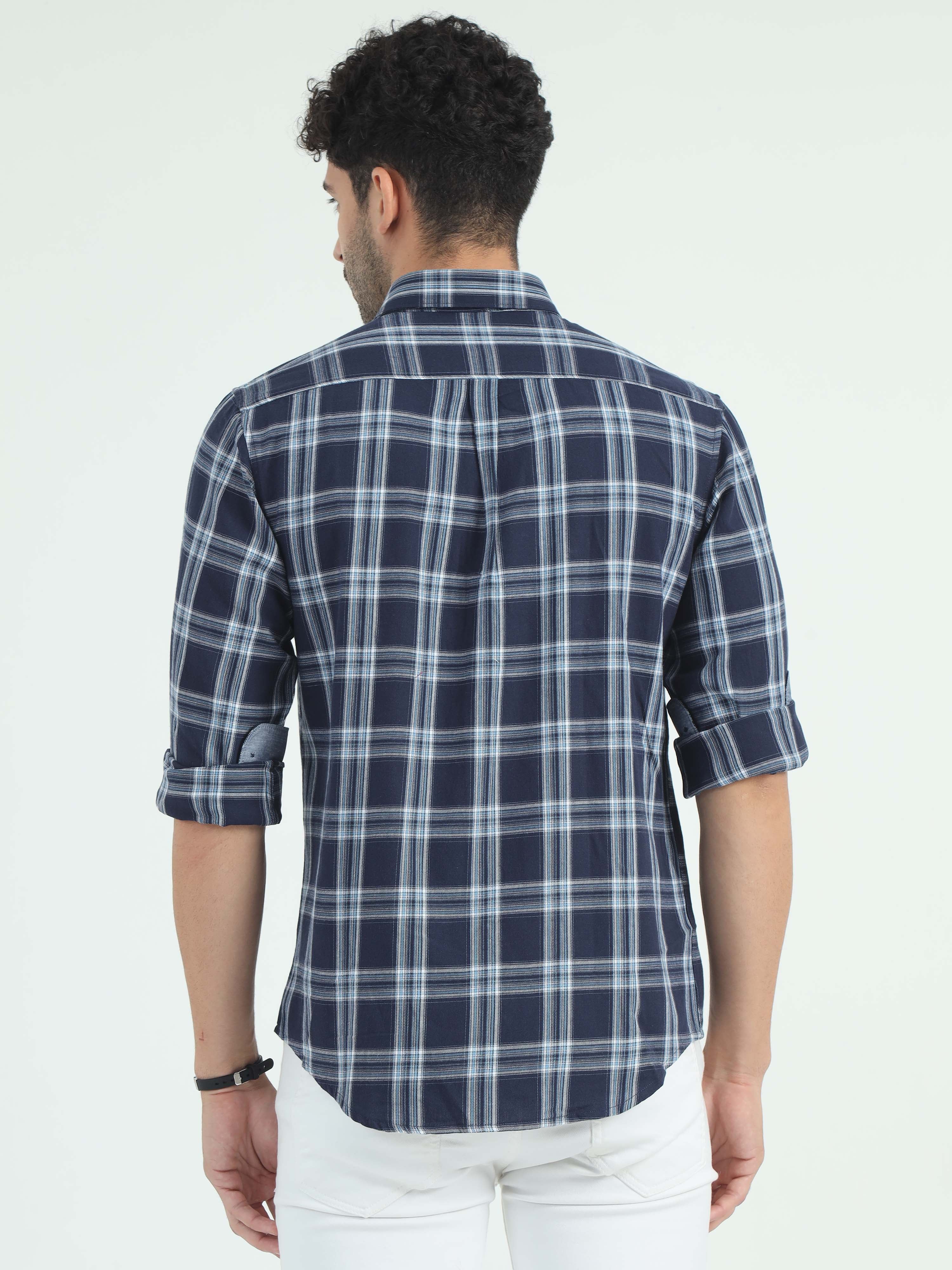 Classic Polo Men's Polo Neck Cotton Navy Blue Slim Fit Checked Shirt | SO2-13 B-FS-CHK-SF