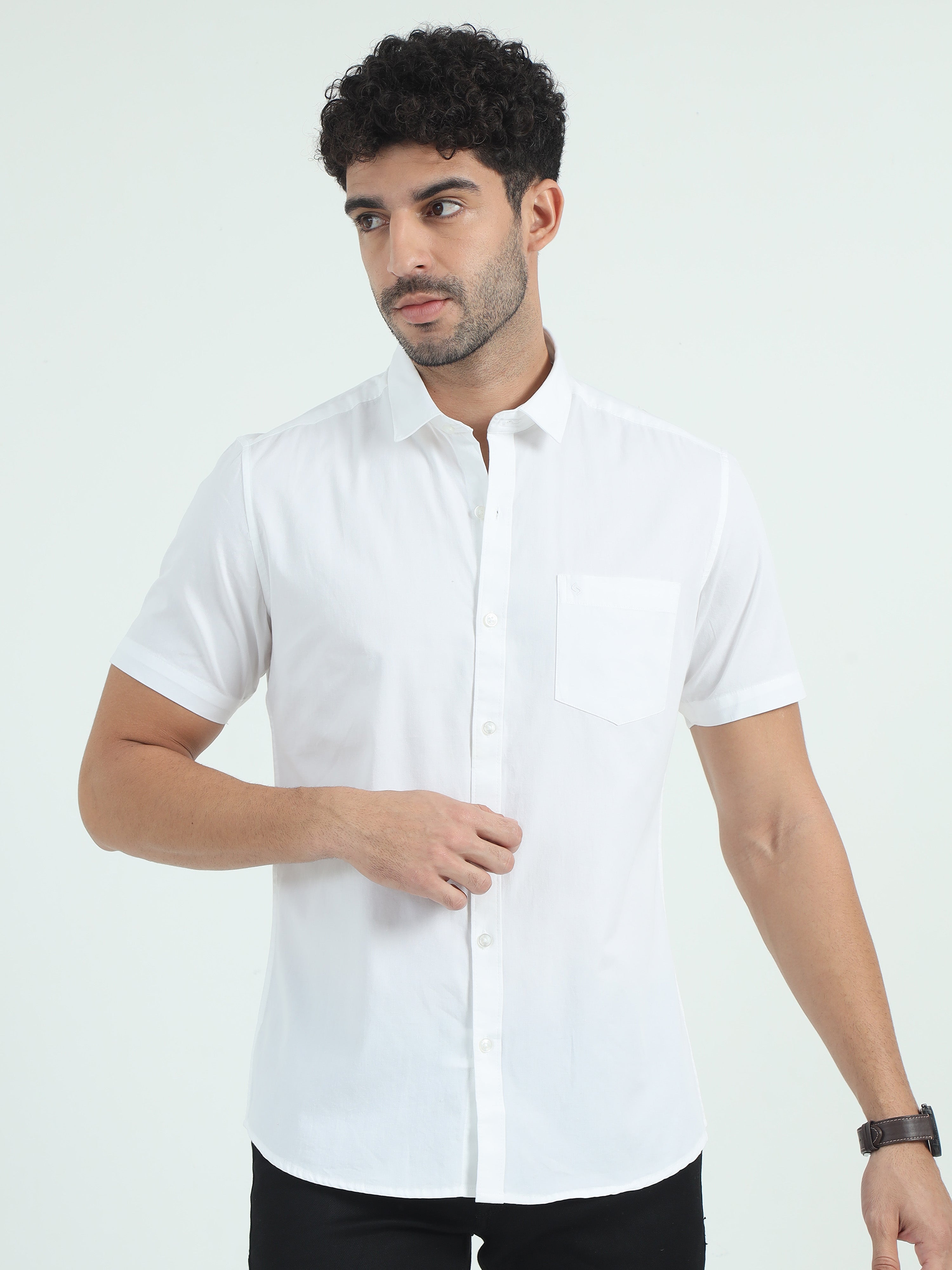Classic Polo Men's Polo Neck Cotton White Slim Fit Solid Shirt | WHITE-05-HS-SLD-SF