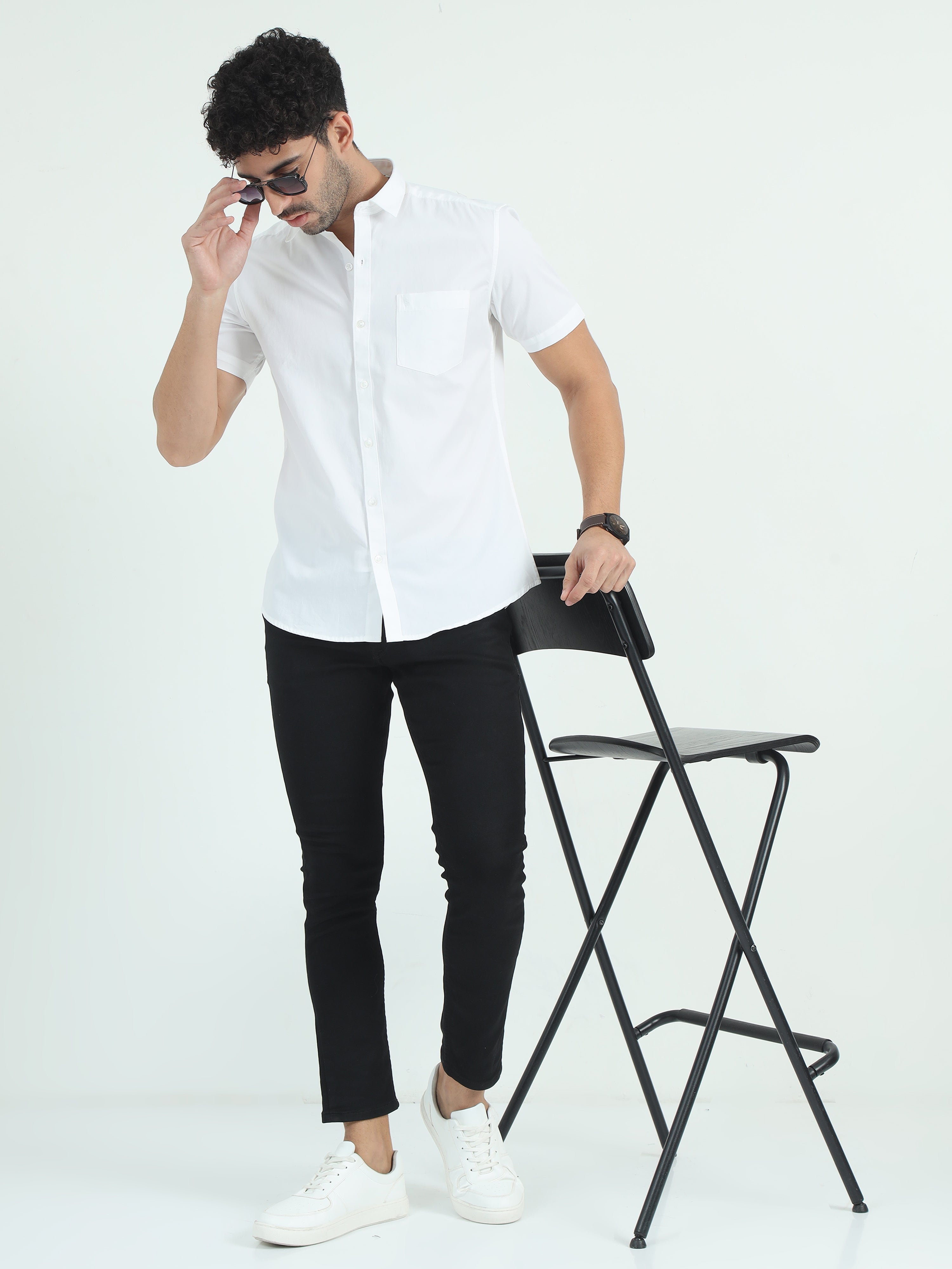 Classic Polo Men's Polo Neck Cotton White Slim Fit Solid Shirt | WHITE-05-HS-SLD-SF