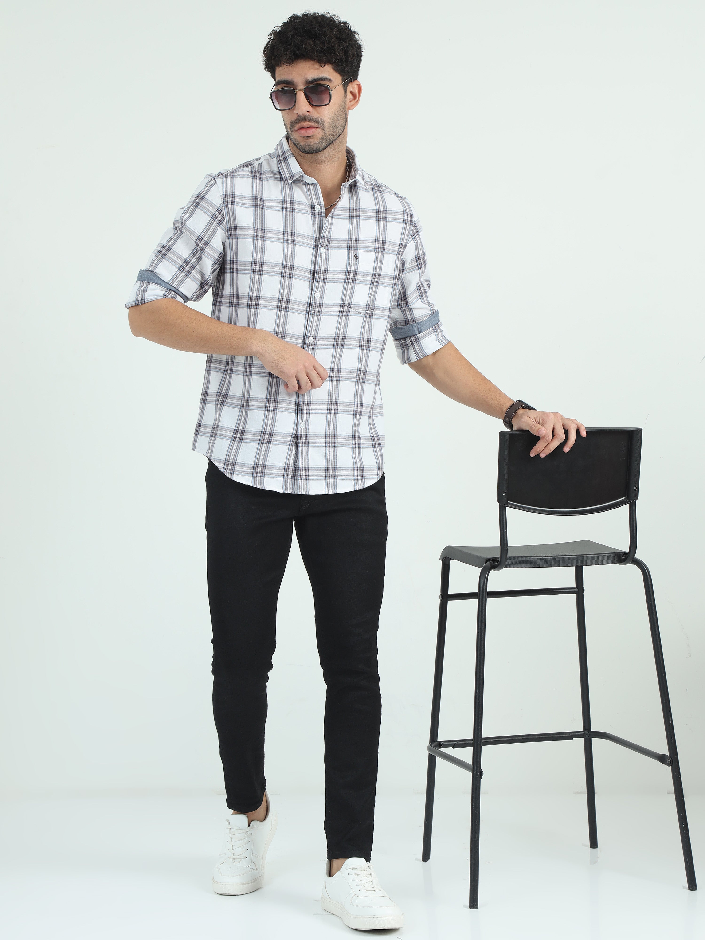 Classic Polo Men's Polo Neck Cotton White Slim Fit Checked Shirt | SO2-13 A-FS-CHK-SF