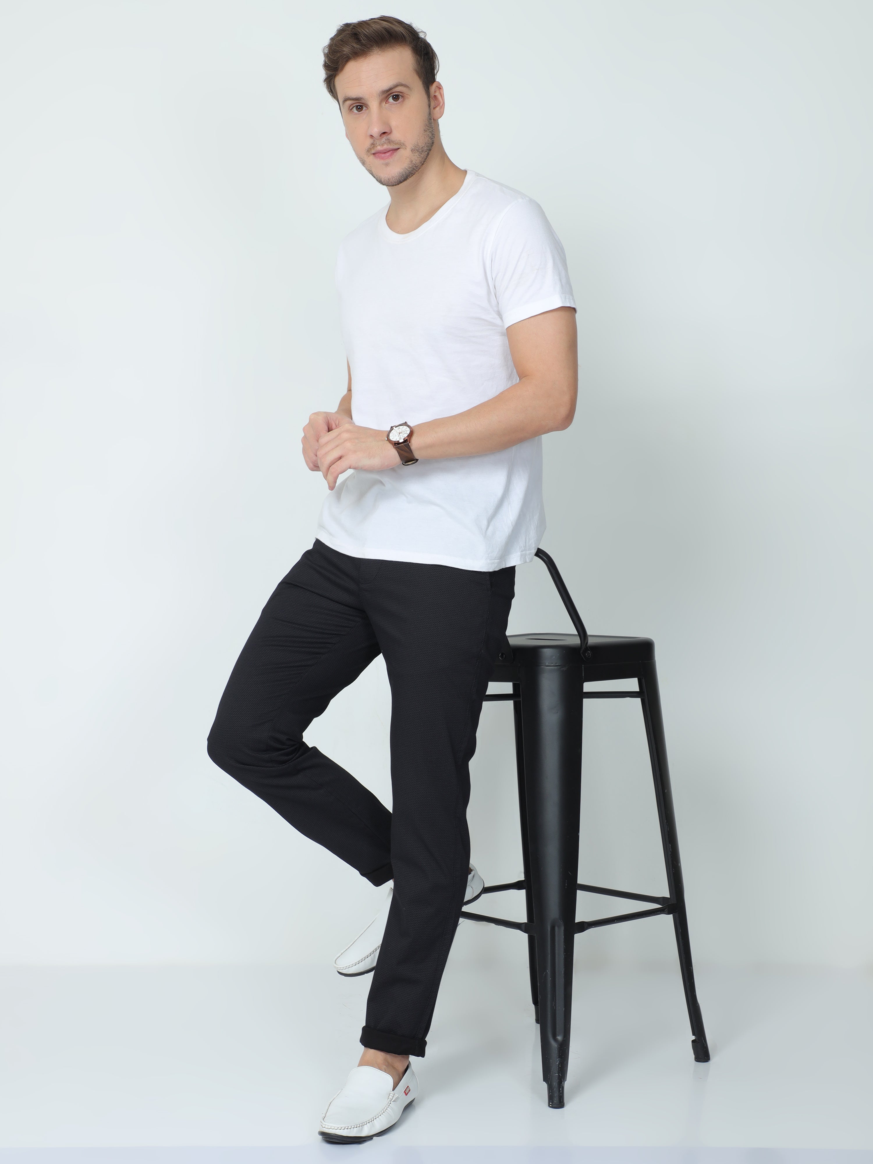 Classic Polo Mens Moderate Fit Dotted Black Color Trousers | To2-01 C-Blk-Mf-Ly