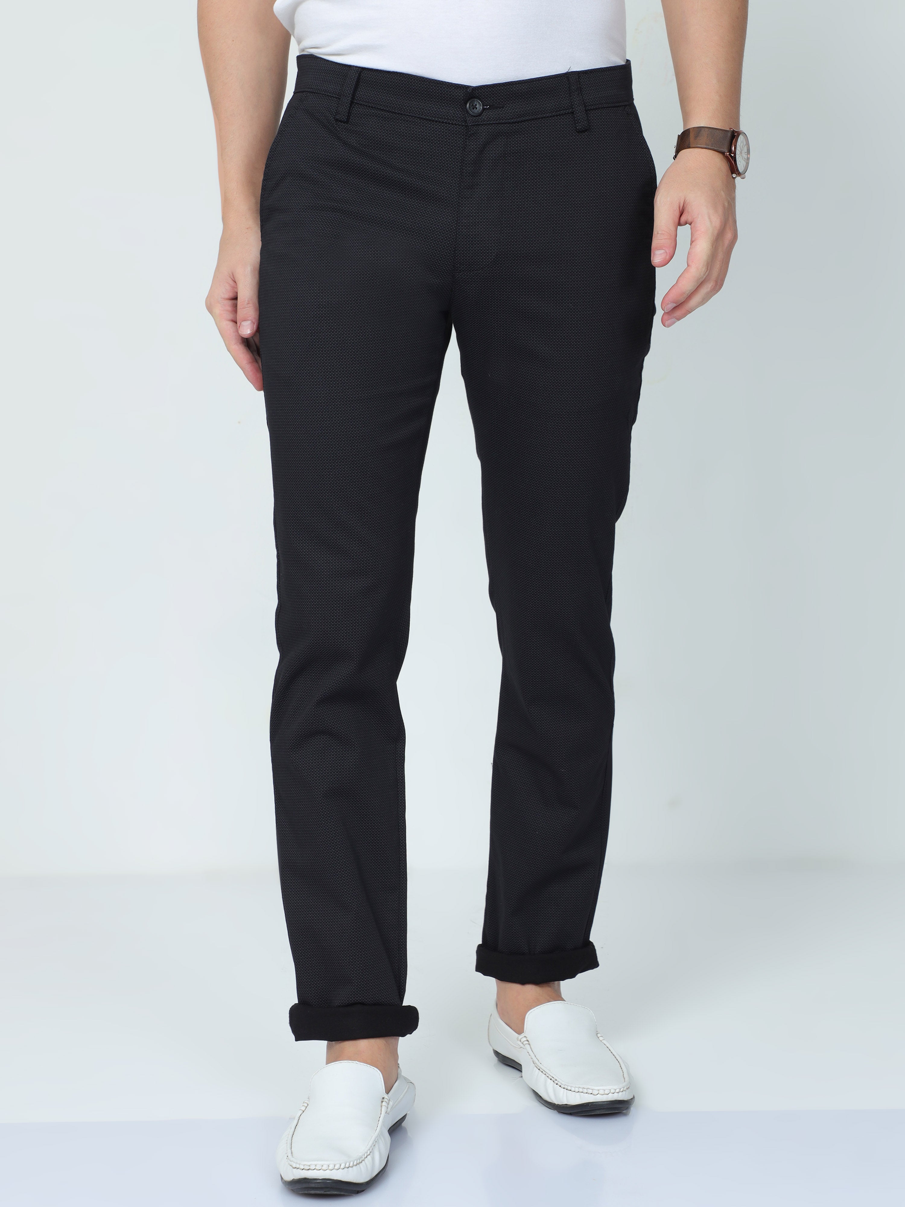 Classic Polo Mens Moderate Fit Dotted Black Color Trousers | To2-01 C-Blk-Mf-Ly