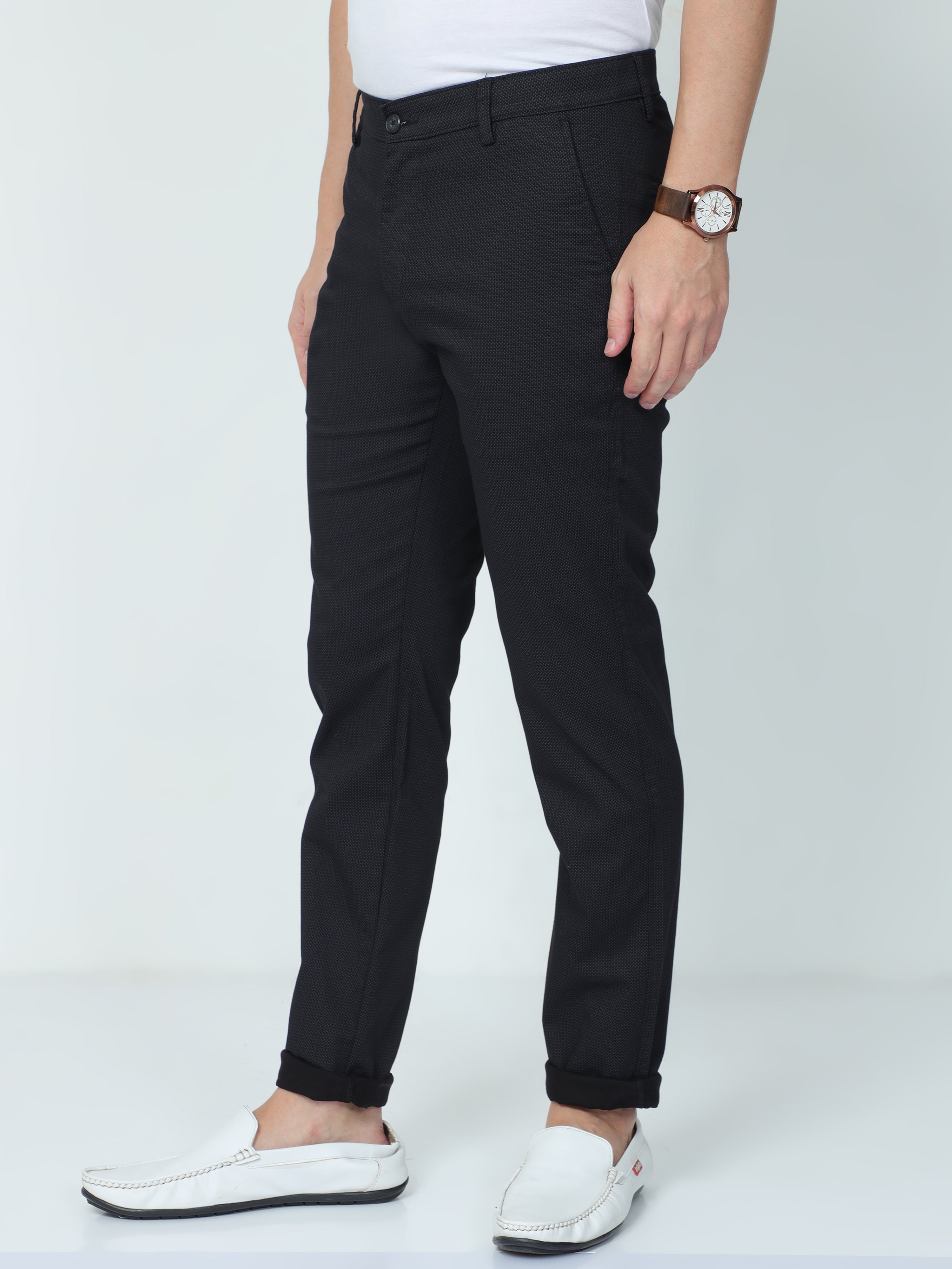Classic Polo Mens Moderate Fit Dotted Black Color Trousers | To2-01 C-Blk-Mf-Ly