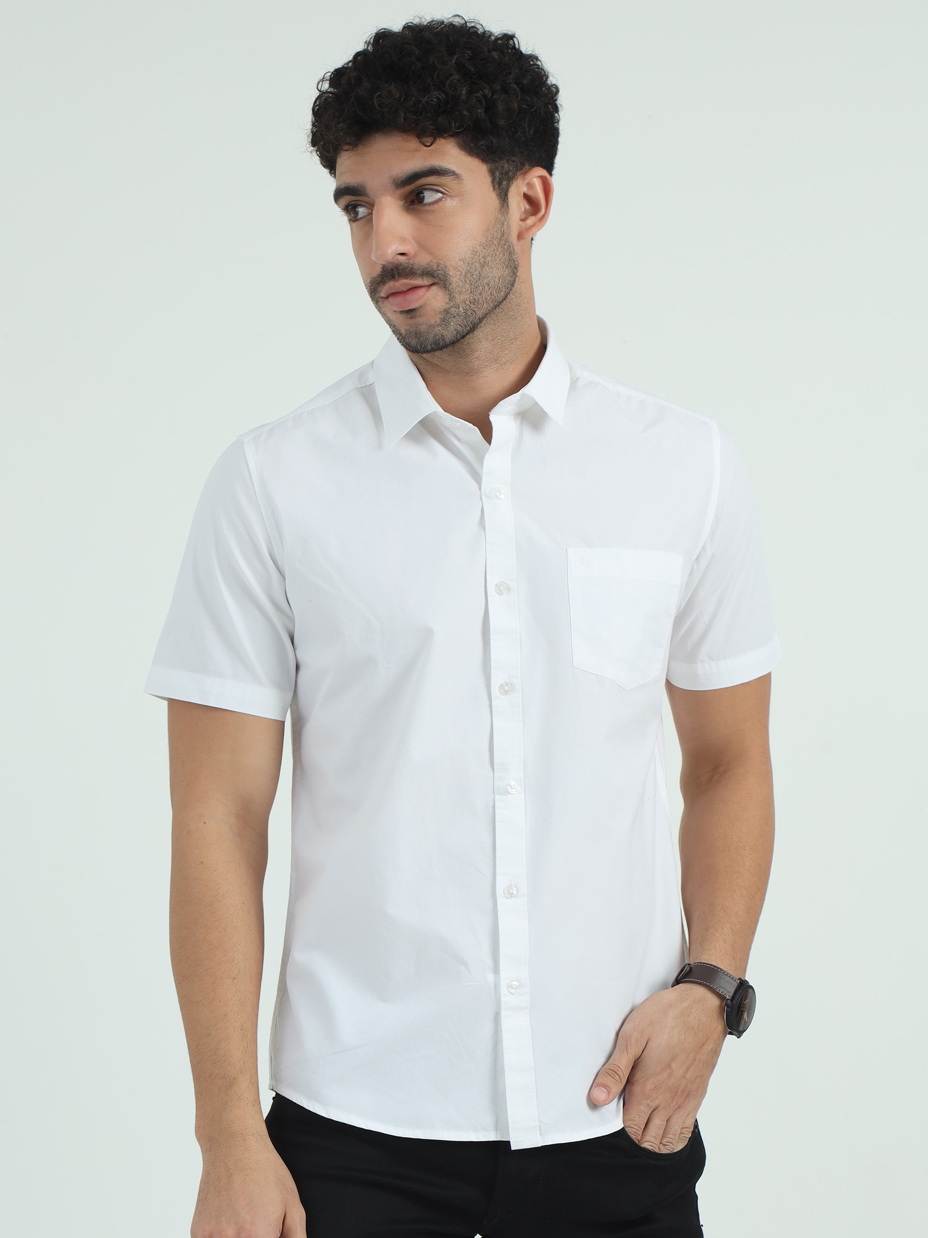 Classic Polo Men's Polo Neck Cotton White Slim Fit Solid Shirt | WHITE-06-HS-SLD-SF