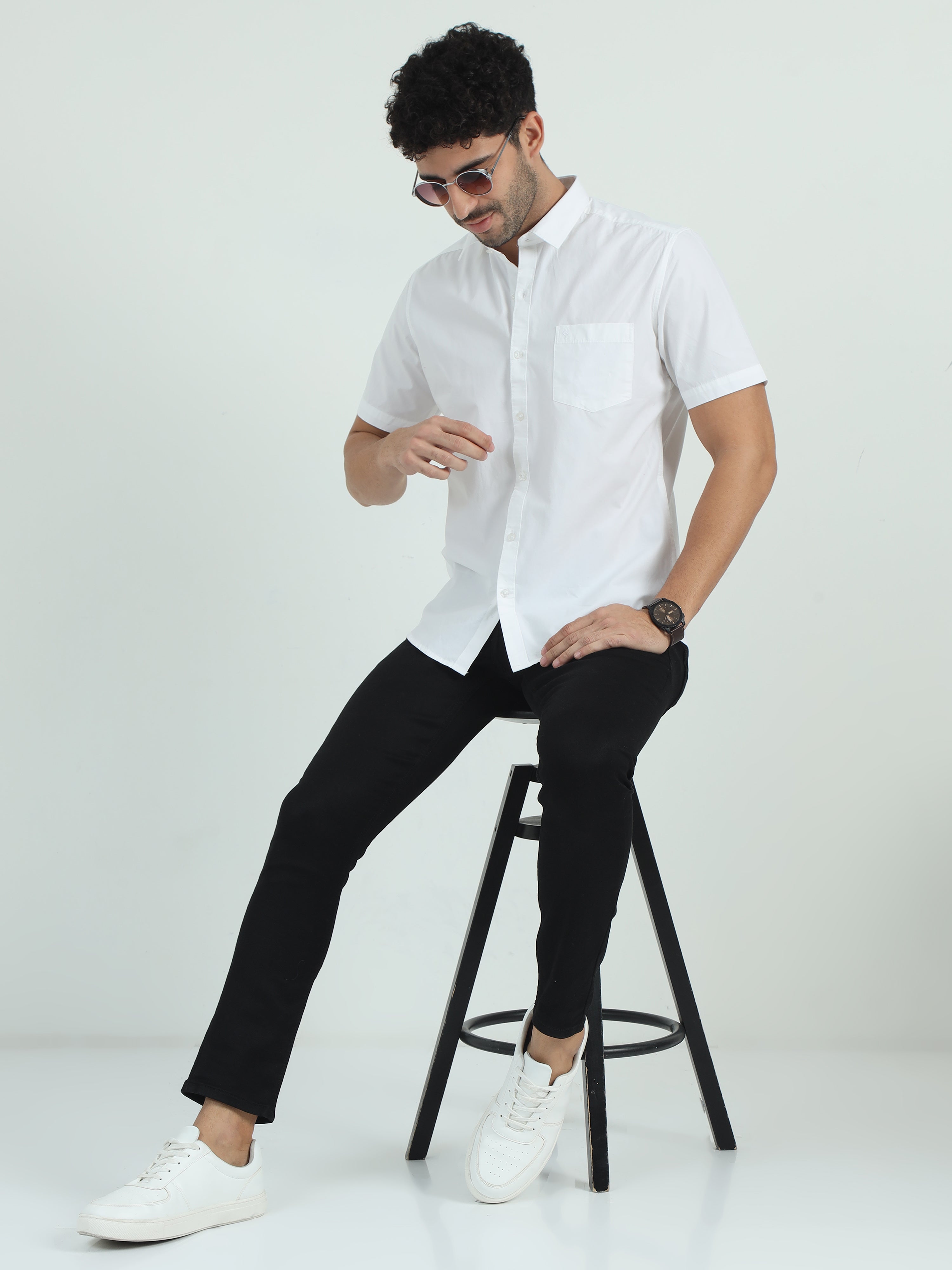 Classic Polo Men's Polo Neck Cotton White Slim Fit Solid Shirt | WHITE-06-HS-SLD-SF