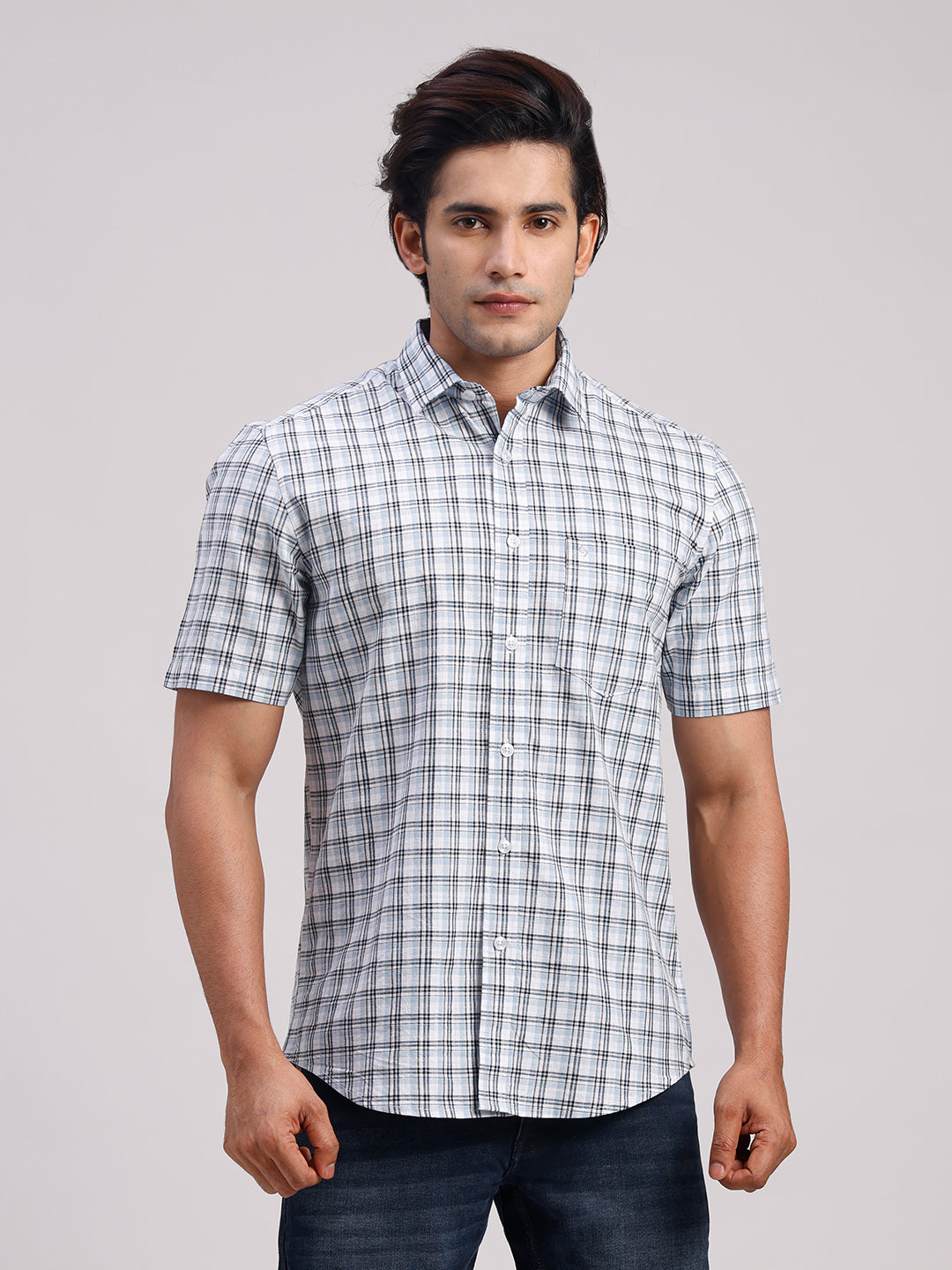 Classic Polo Men's Half Sleeve Multicolor Polo Neck Slim Fit Checked Cotton Casual Shirt | SR1-EL-13 B-HS-CHK-SF
