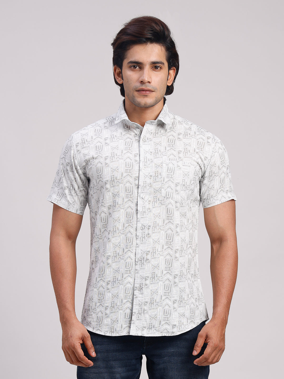 Classic Polo Men's Half Sleeve Grey Polo Neck Slim Fit All-Over Print Cotton Casual Shirt | SR1-GN-06 B-HS-PRT-SF