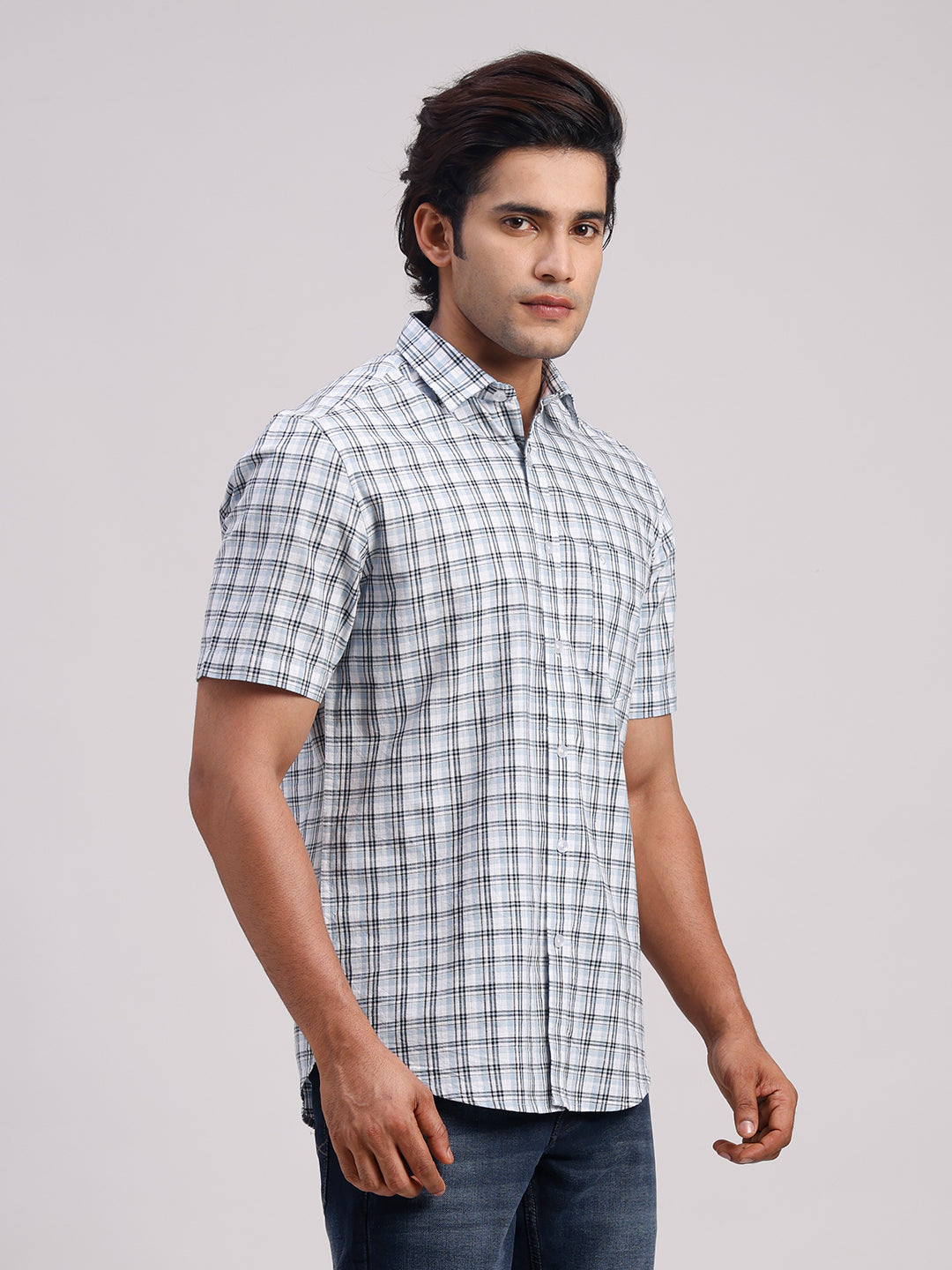 Classic Polo Men's Half Sleeve Multicolor Polo Neck Slim Fit Checked Cotton Casual Shirt | SR1-EL-13 B-HS-CHK-SF