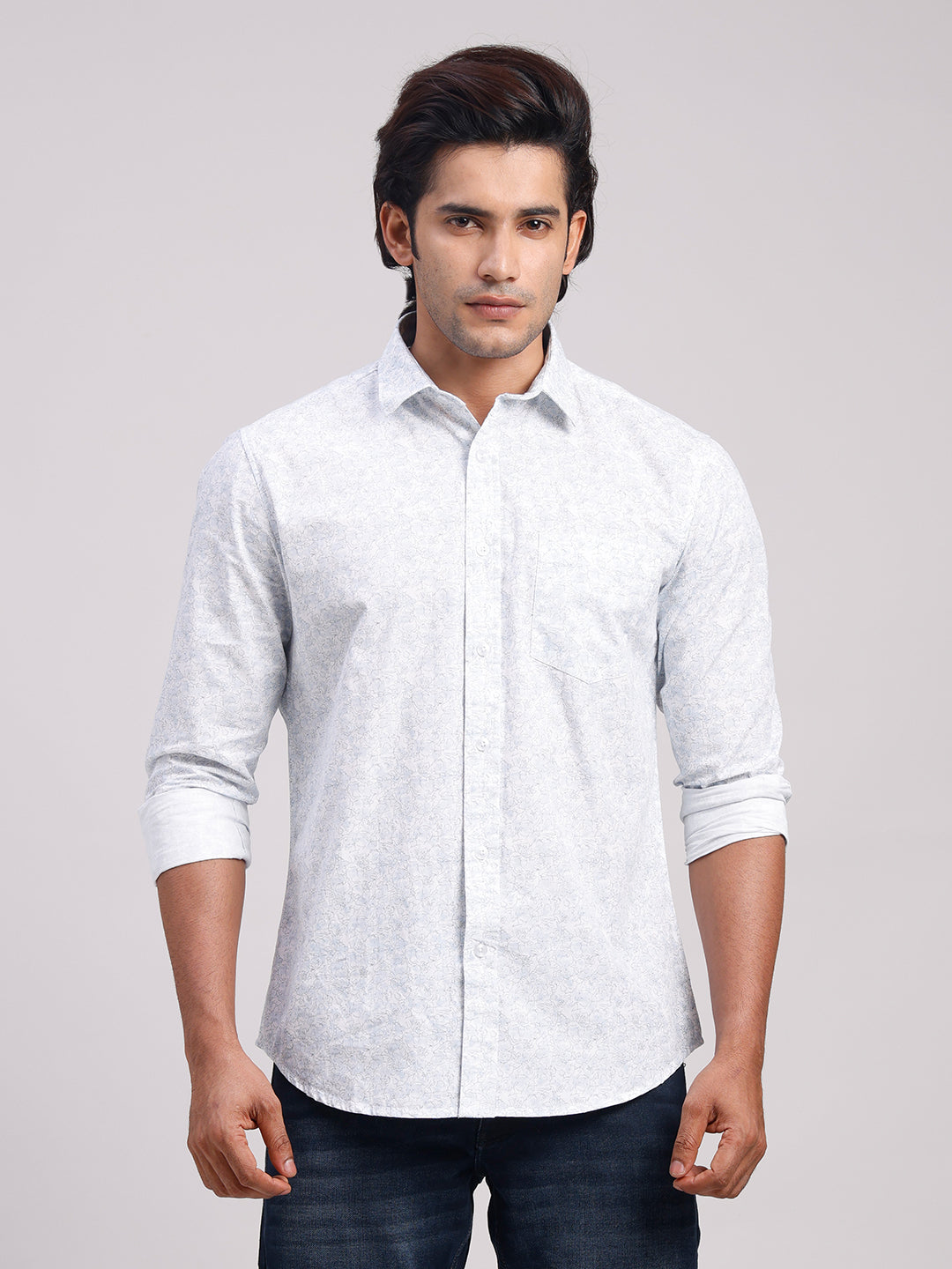 Classic Polo Men's Full Sleeve White Polo Neck Slim Fit All-Over Print Cotton Casual Shirt | SR1-CL-25 A-FS-PRT-SF