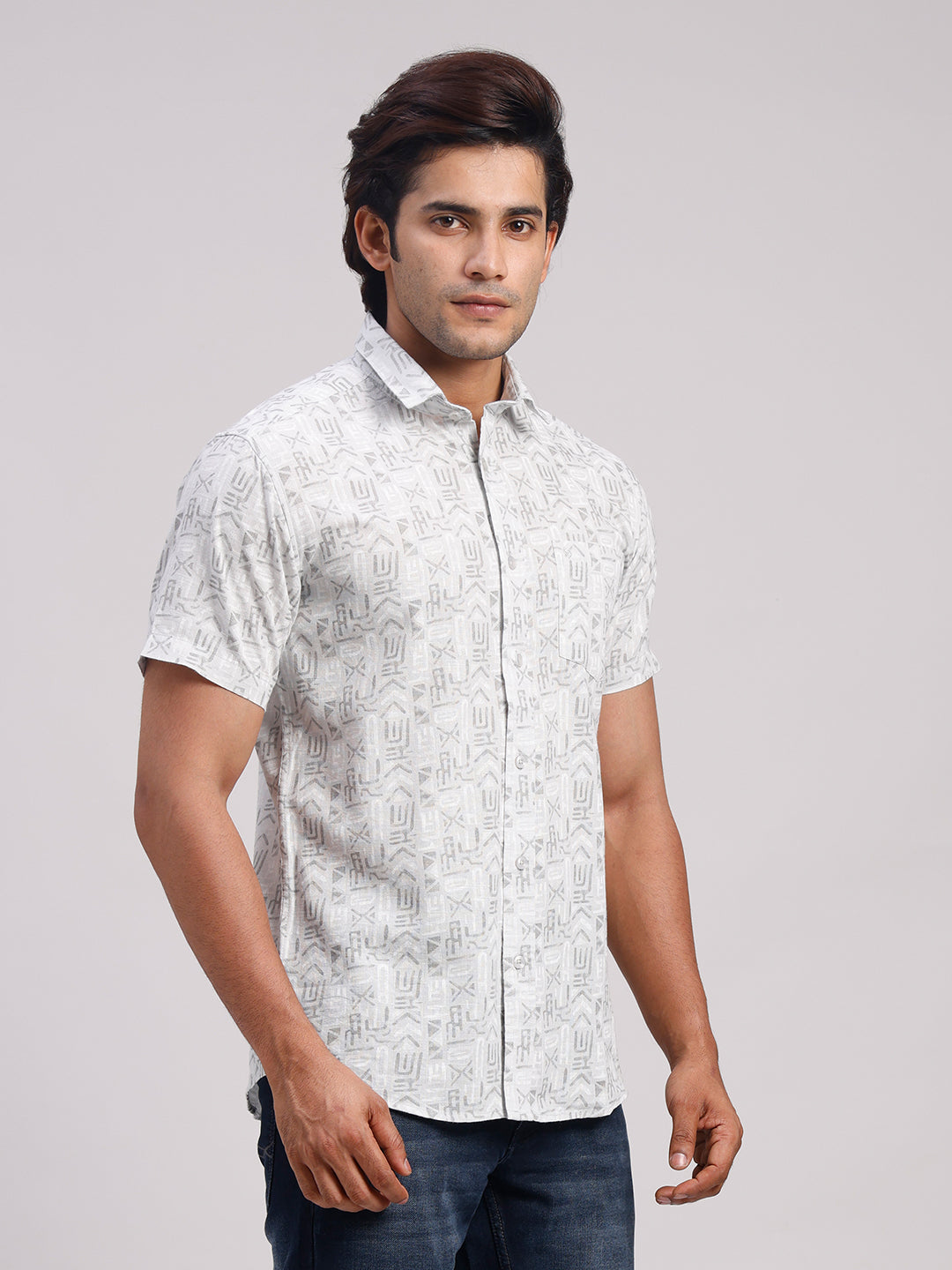 Classic Polo Men's Half Sleeve Grey Polo Neck Slim Fit All-Over Print Cotton Casual Shirt | SR1-GN-06 B-HS-PRT-SF