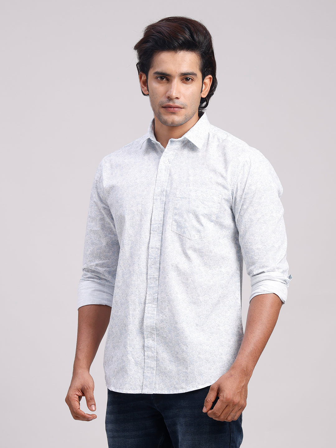 Classic Polo Men's Full Sleeve White Polo Neck Slim Fit All-Over Print Cotton Casual Shirt | SR1-CL-25 A-FS-PRT-SF