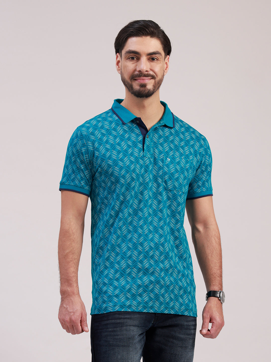 Classic Polo Men's Half Sleeve Teal Blue Polo Neck Slim Fit All-Over Print Cotton T-Shirt | BELLO - 399 B SF P