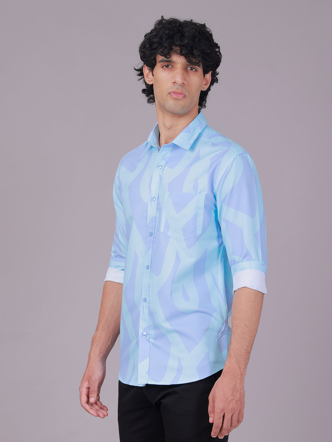 Classic Polo Men's Full Sleeve Blue Polo Neck Slim Fit All-Over Print Cotton Casual Shirt | SR1-GN-02 A-FS-PRT-SF