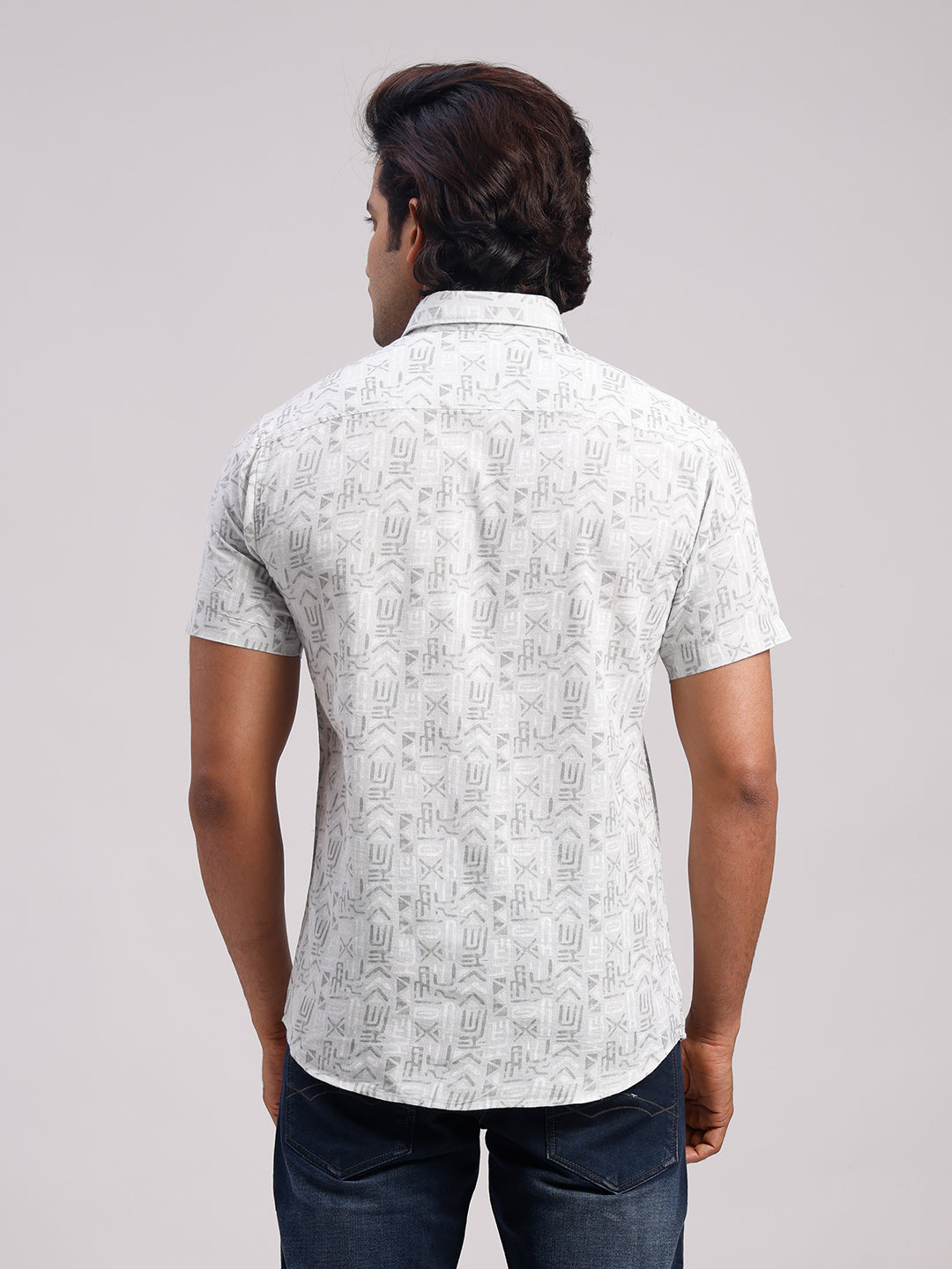Classic Polo Men's Half Sleeve Grey Polo Neck Slim Fit All-Over Print Cotton Casual Shirt | SR1-GN-06 B-HS-PRT-SF