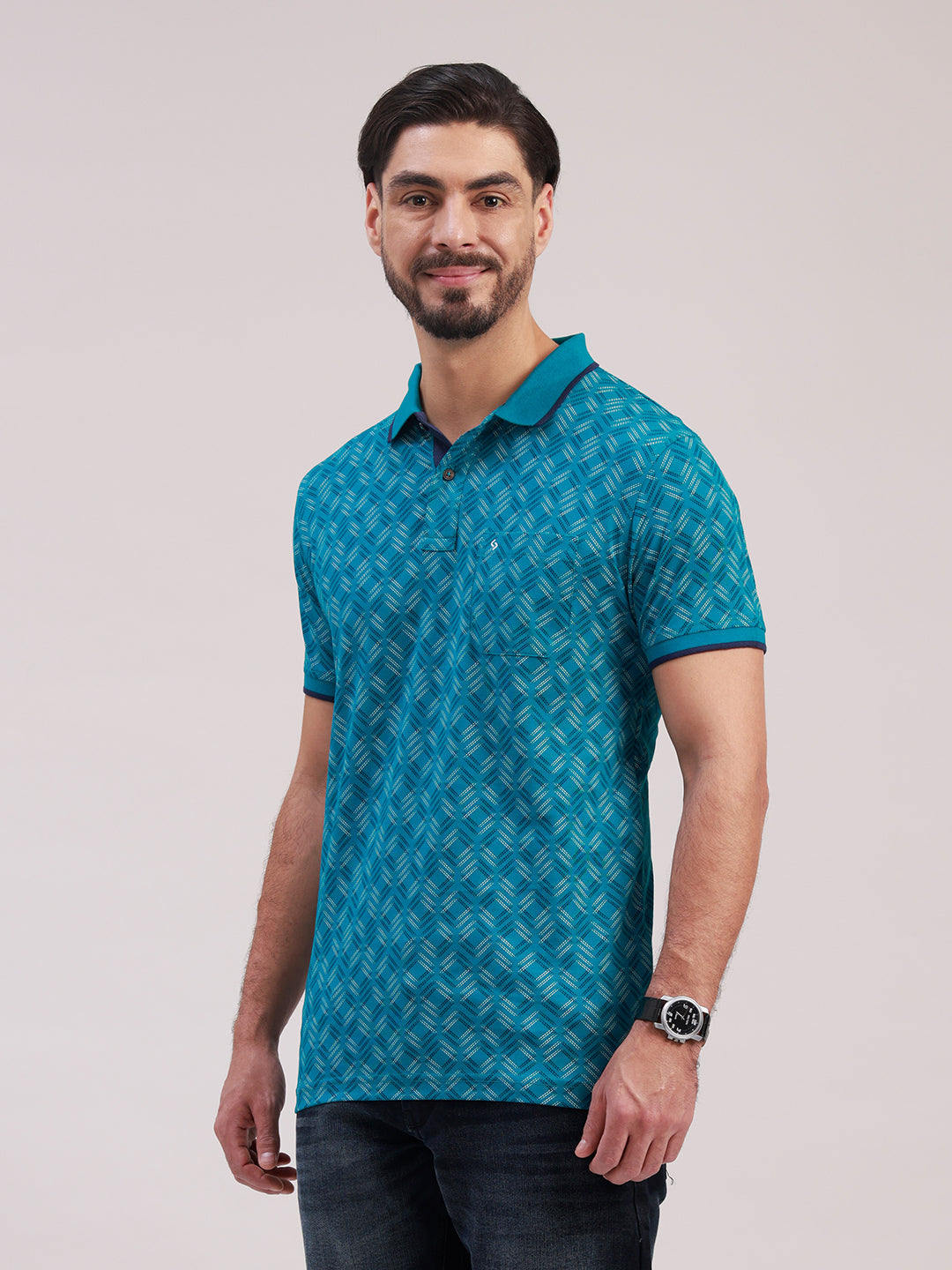 Classic Polo Men's Half Sleeve Teal Blue Polo Neck Slim Fit All-Over Print Cotton T-Shirt | BELLO - 399 B SF P