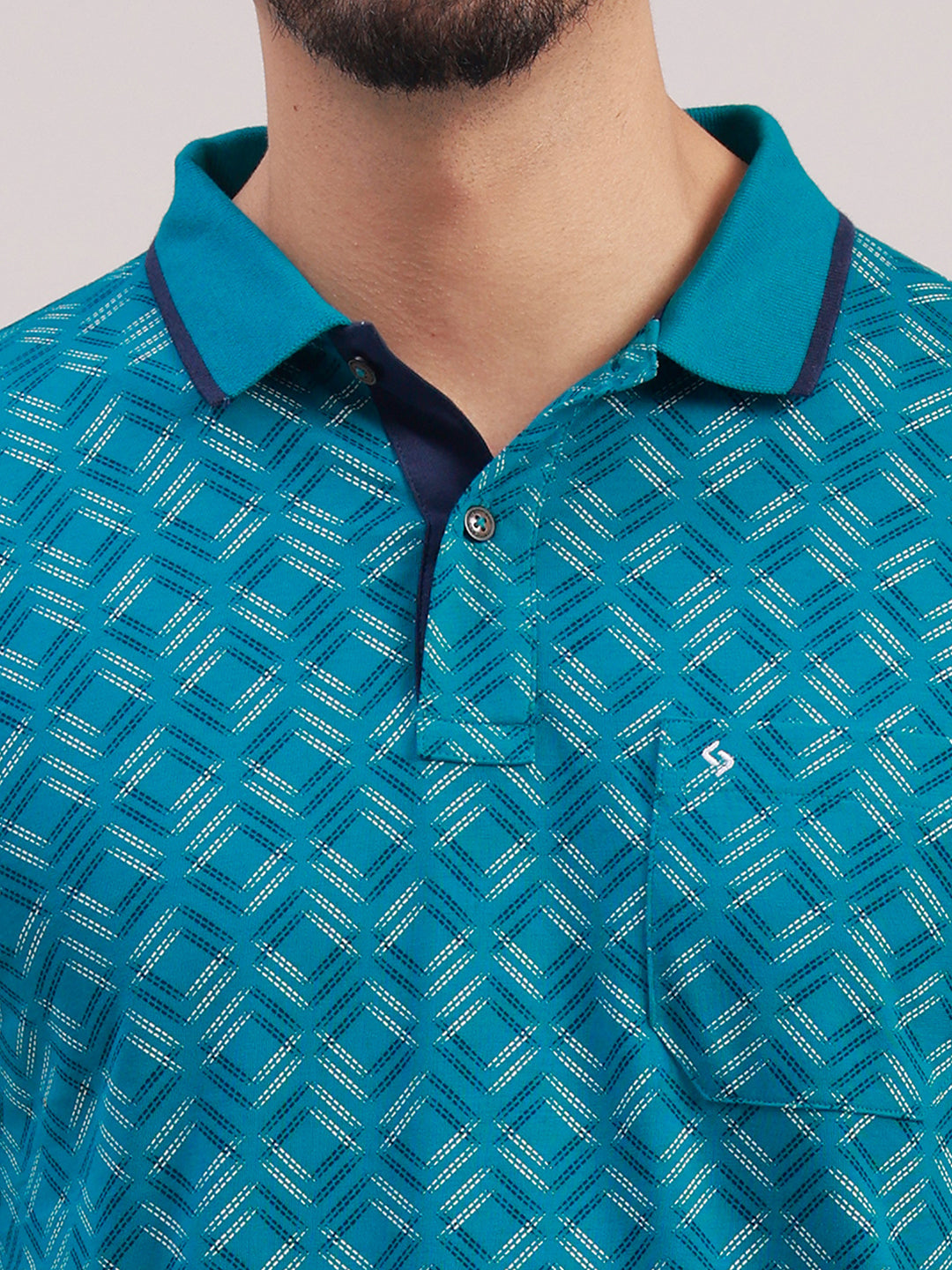 Classic Polo Men's Half Sleeve Teal Blue Polo Neck Slim Fit All-Over Print Cotton T-Shirt | BELLO - 399 B SF P