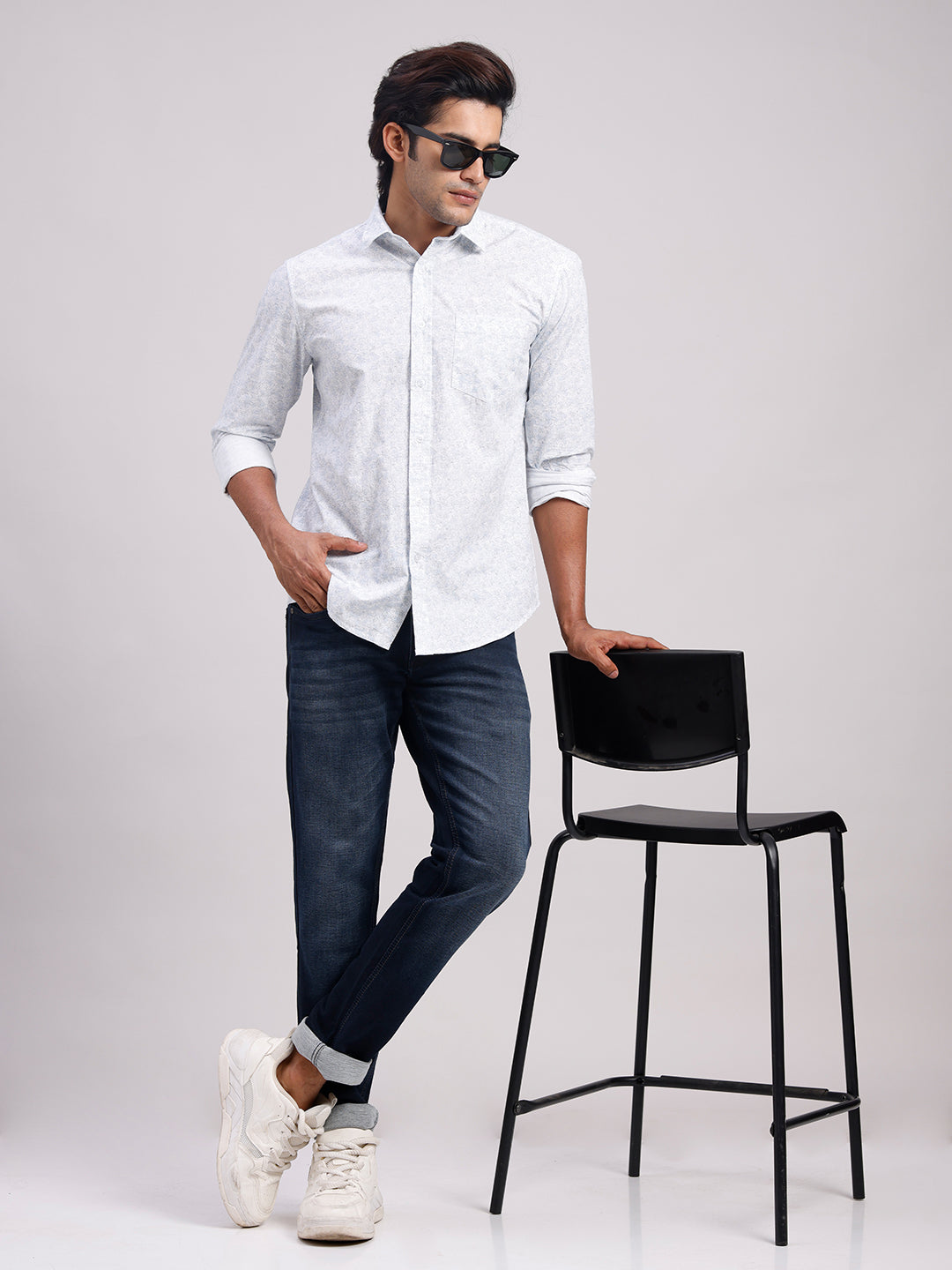 Classic Polo Men's Full Sleeve White Polo Neck Slim Fit All-Over Print Cotton Casual Shirt | SR1-CL-25 A-FS-PRT-SF