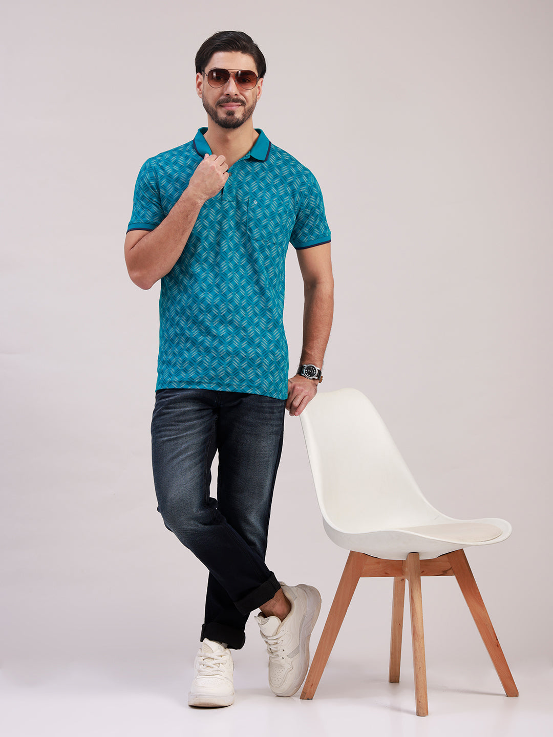 Classic Polo Men's Half Sleeve Teal Blue Polo Neck Slim Fit All-Over Print Cotton T-Shirt | BELLO - 399 B SF P