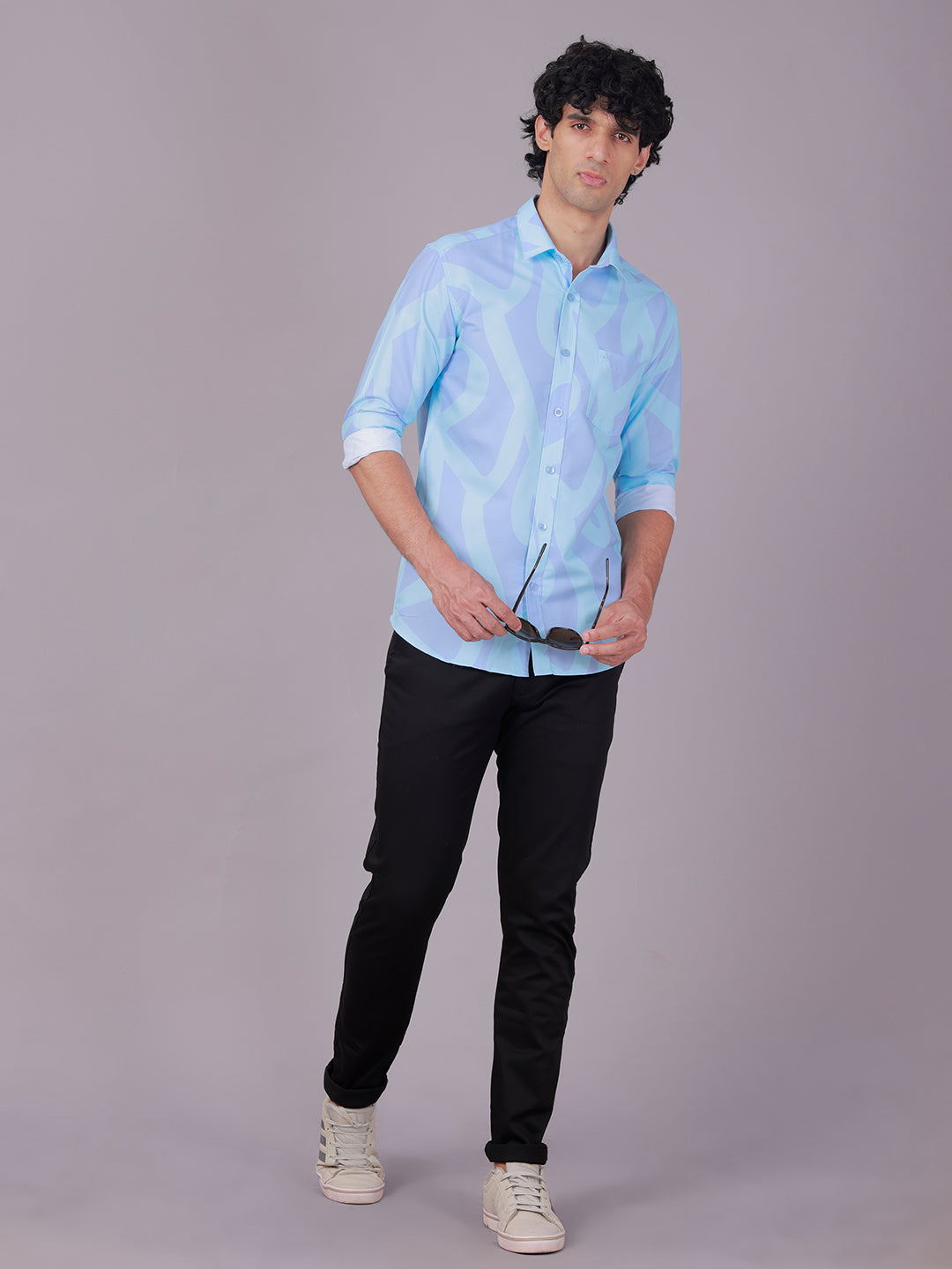 Classic Polo Men's Full Sleeve Blue Polo Neck Slim Fit All-Over Print Cotton Casual Shirt | SR1-GN-02 A-FS-PRT-SF