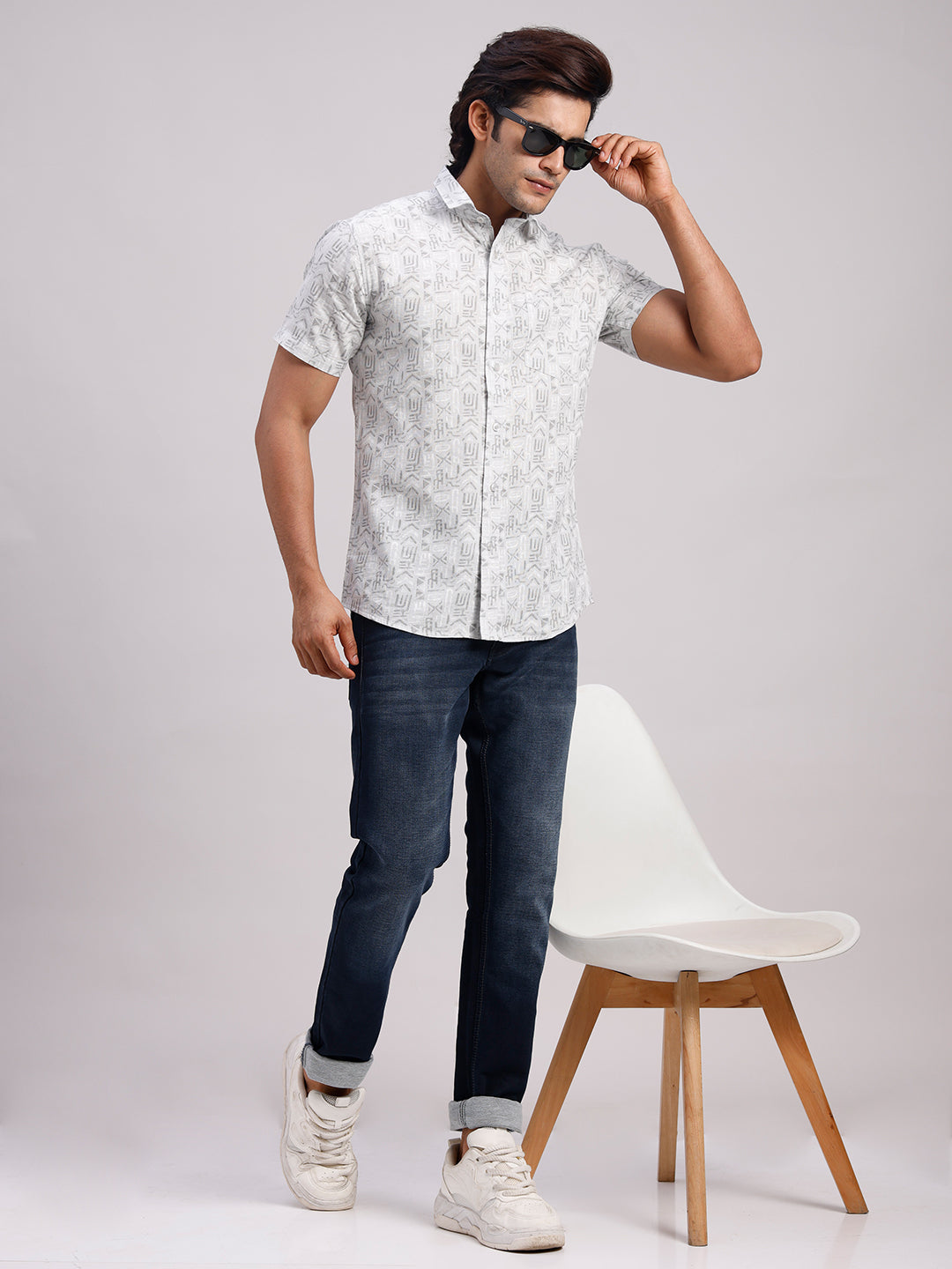 Classic Polo Men's Half Sleeve Grey Polo Neck Slim Fit All-Over Print Cotton Casual Shirt | SR1-GN-06 B-HS-PRT-SF