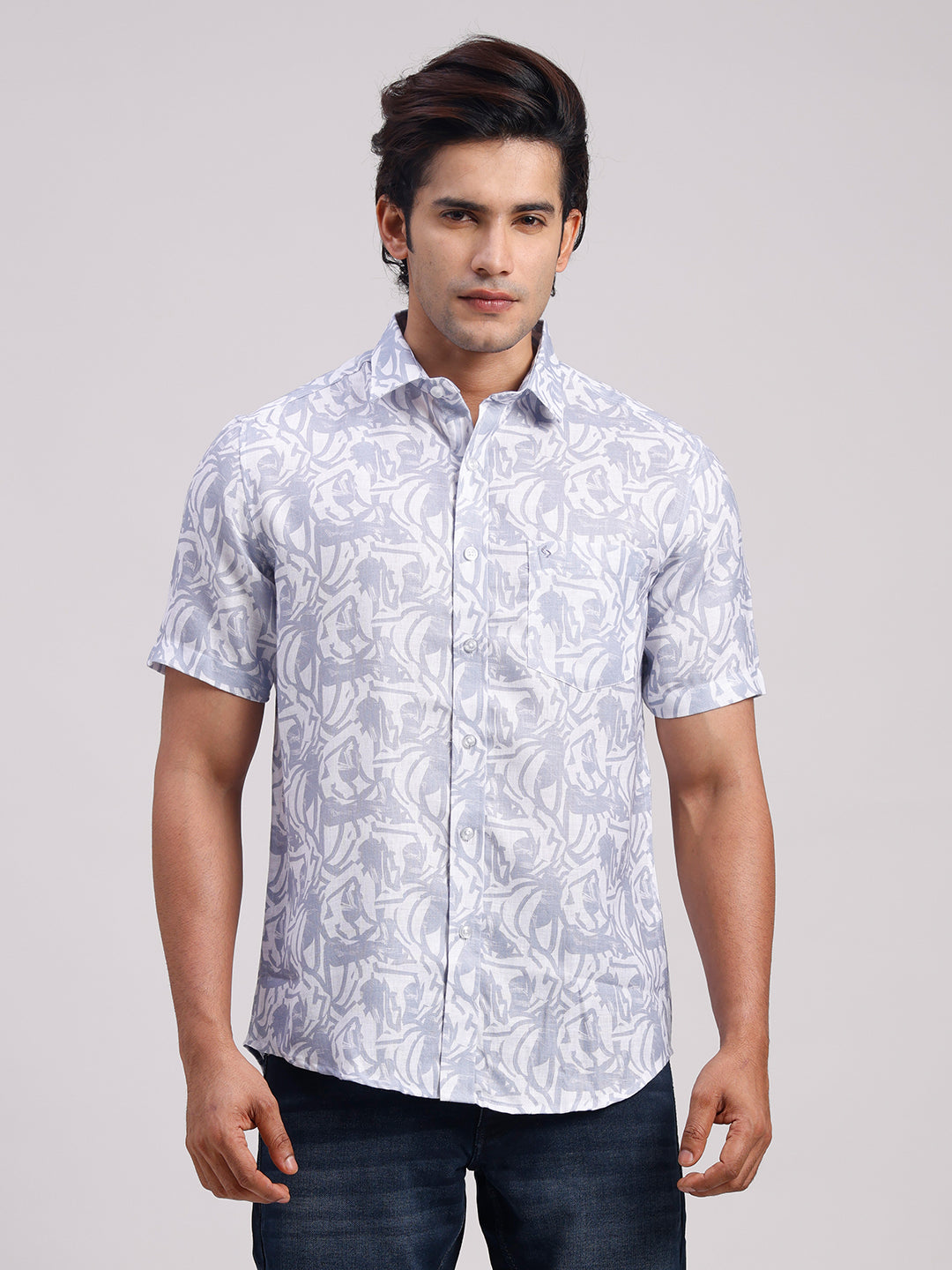 Classic Polo Men's Half Sleeve Grey/White Polo Neck Slim Fit All-Over Print Cotton Casual Shirt | LSHR1-CL-16 B-HS-PRT-SF