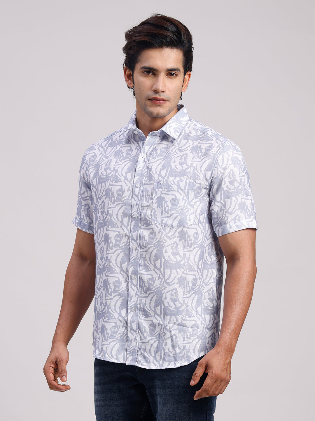 Classic Polo Men's Half Sleeve Grey/White Polo Neck Slim Fit All-Over Print Cotton Casual Shirt | LSHR1-CL-16 B-HS-PRT-SF