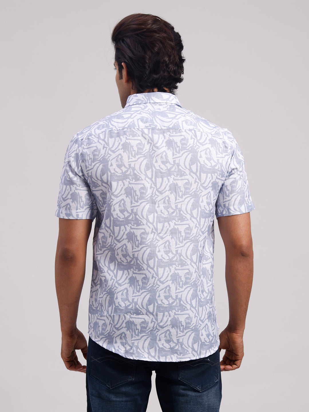 Classic Polo Men's Half Sleeve Grey/White Polo Neck Slim Fit All-Over Print Cotton Casual Shirt | LSHR1-CL-16 B-HS-PRT-SF