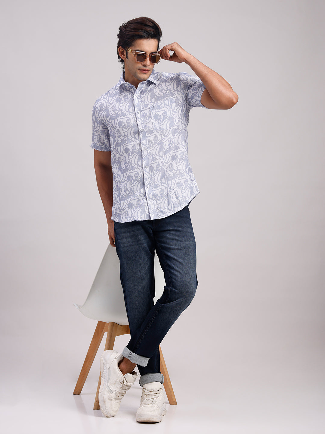 Classic Polo Men's Half Sleeve Grey/White Polo Neck Slim Fit All-Over Print Cotton Casual Shirt | LSHR1-CL-16 B-HS-PRT-SF