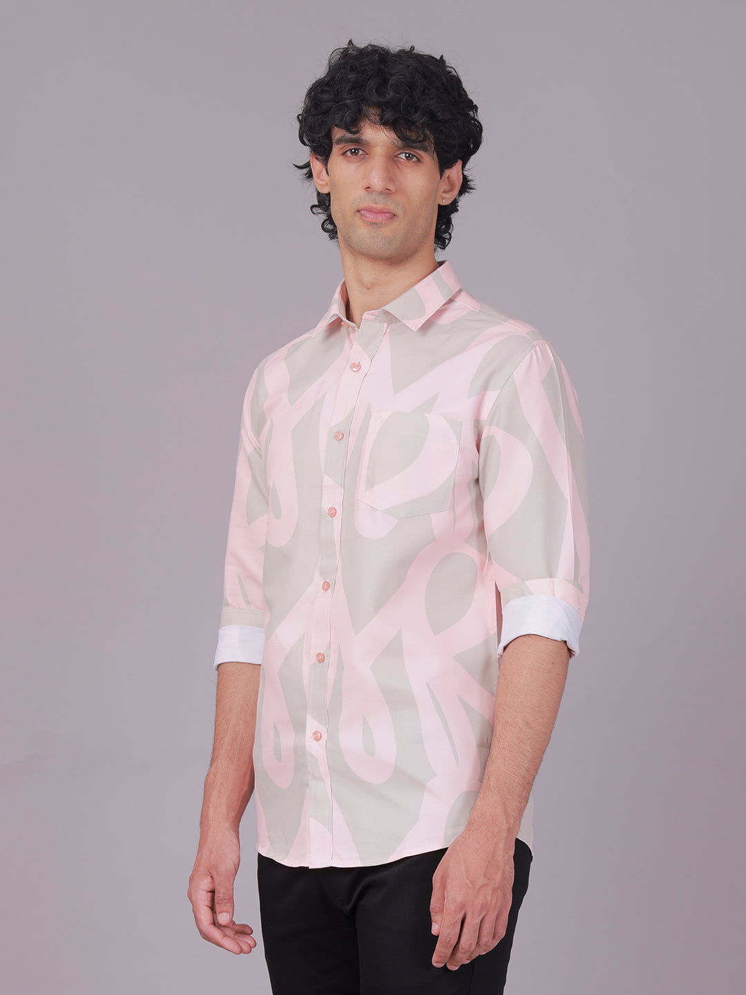 Classic Polo Men's Full Sleeve Pink/Grey Polo Neck Slim Fit All-Over Print Cotton Casual Shirt | SR1-GN-02 B-FS-PRT-SF
