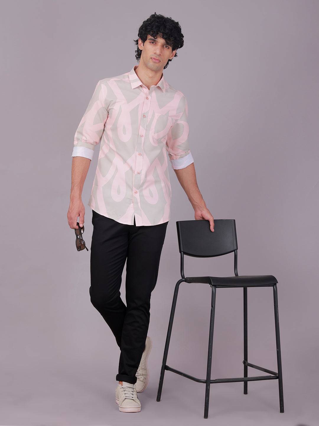 Classic Polo Men's Full Sleeve Pink/Grey Polo Neck Slim Fit All-Over Print Cotton Casual Shirt | SR1-GN-02 B-FS-PRT-SF