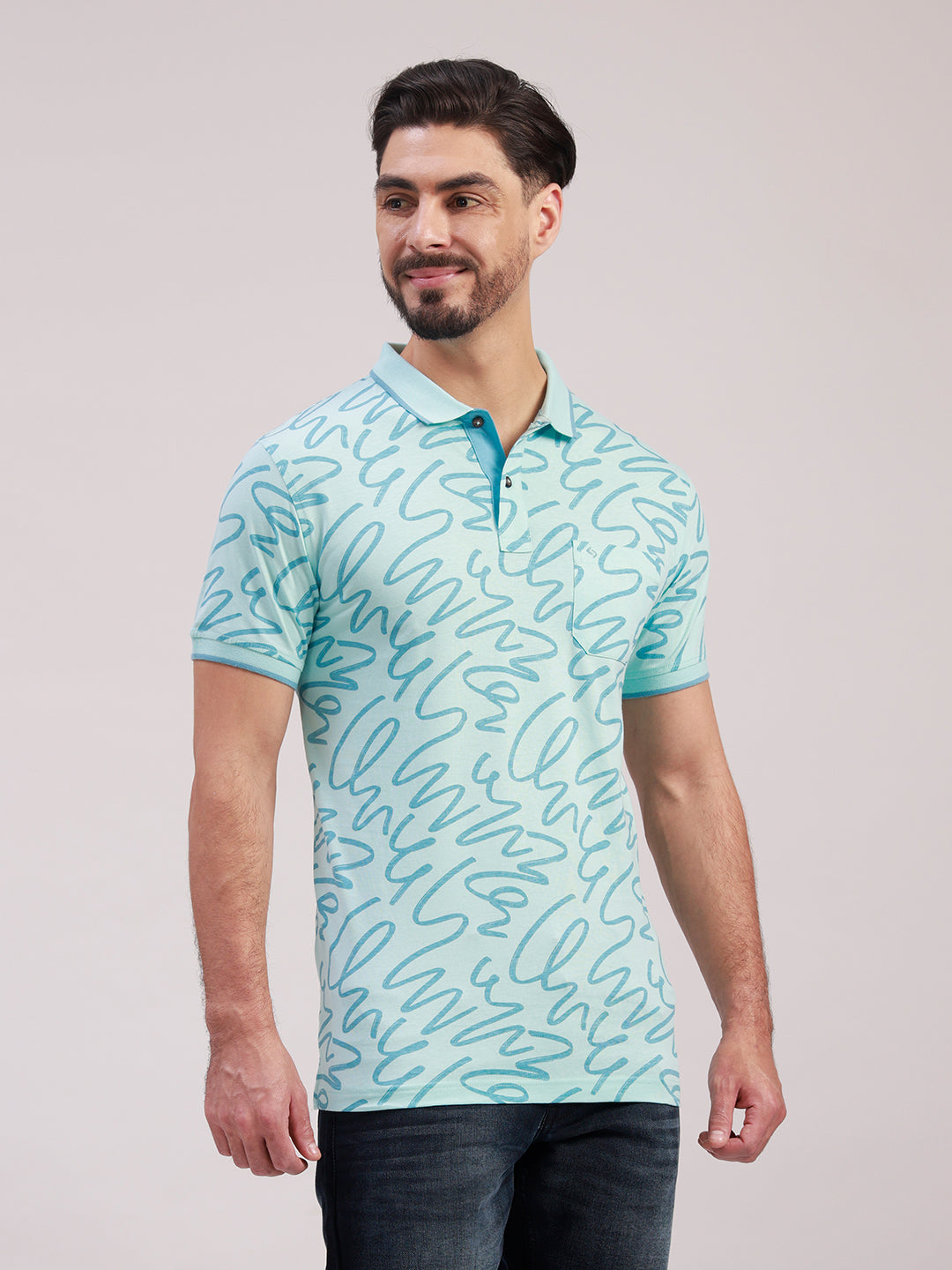 Classic Polo Men's Half Sleeve Aqua Blue Polo Neck Slim Fit All-Over Print Cotton T-Shirt | LTS-AOP - 120 A SF P
