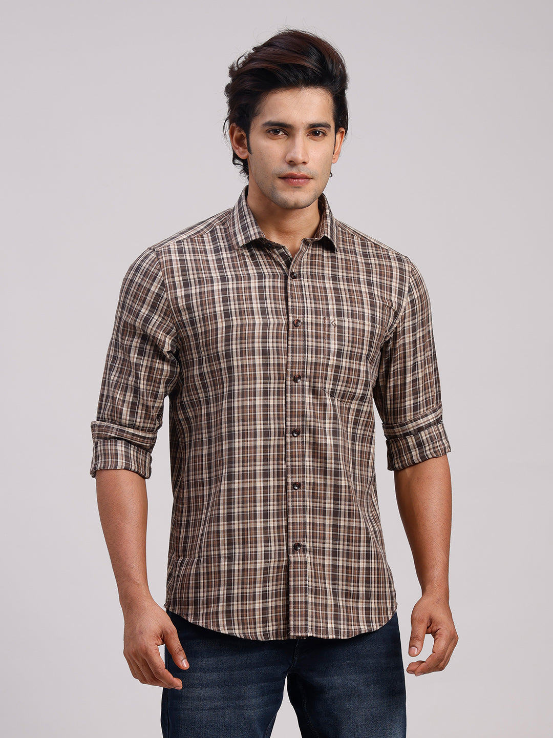 Classic Polo Men's Full Sleeve Multicolor Polo Neck Slim Fit Checked Cotton Casual Shirt | LSHR1-CL-01 B-FS-CHK-SF