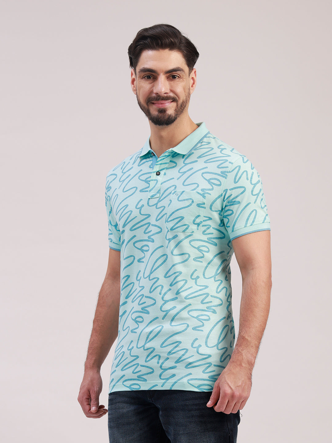 Classic Polo Men's Half Sleeve Aqua Blue Polo Neck Slim Fit All-Over Print Cotton T-Shirt | LTS-AOP - 120 A SF P