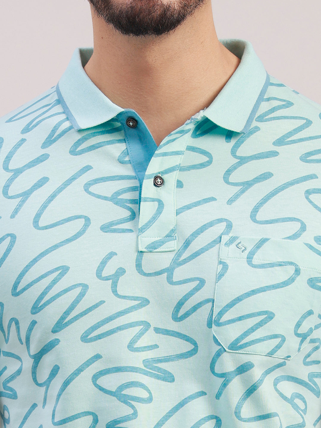 Classic Polo Men's Half Sleeve Aqua Blue Polo Neck Slim Fit All-Over Print Cotton T-Shirt | LTS-AOP - 120 A SF P