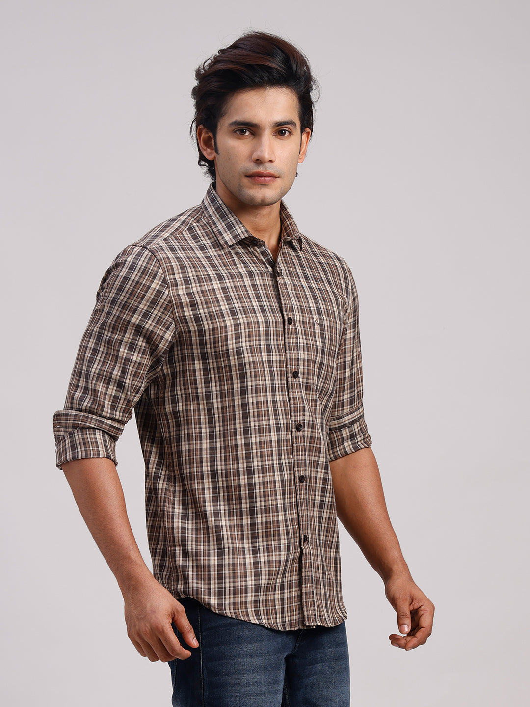 Classic Polo Men's Full Sleeve Multicolor Polo Neck Slim Fit Checked Cotton Casual Shirt | LSHR1-CL-01 B-FS-CHK-SF